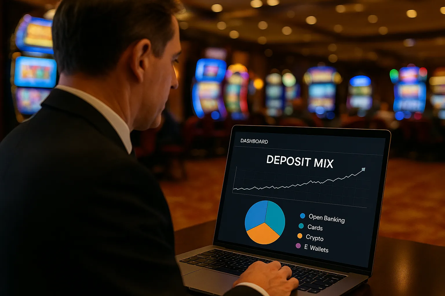 A casino manager viewing a real-time dashboard on a laptop showing deposit mix pie chart with slices for open banking, cards, crypto, and e-wallets, with open banking trending upward.