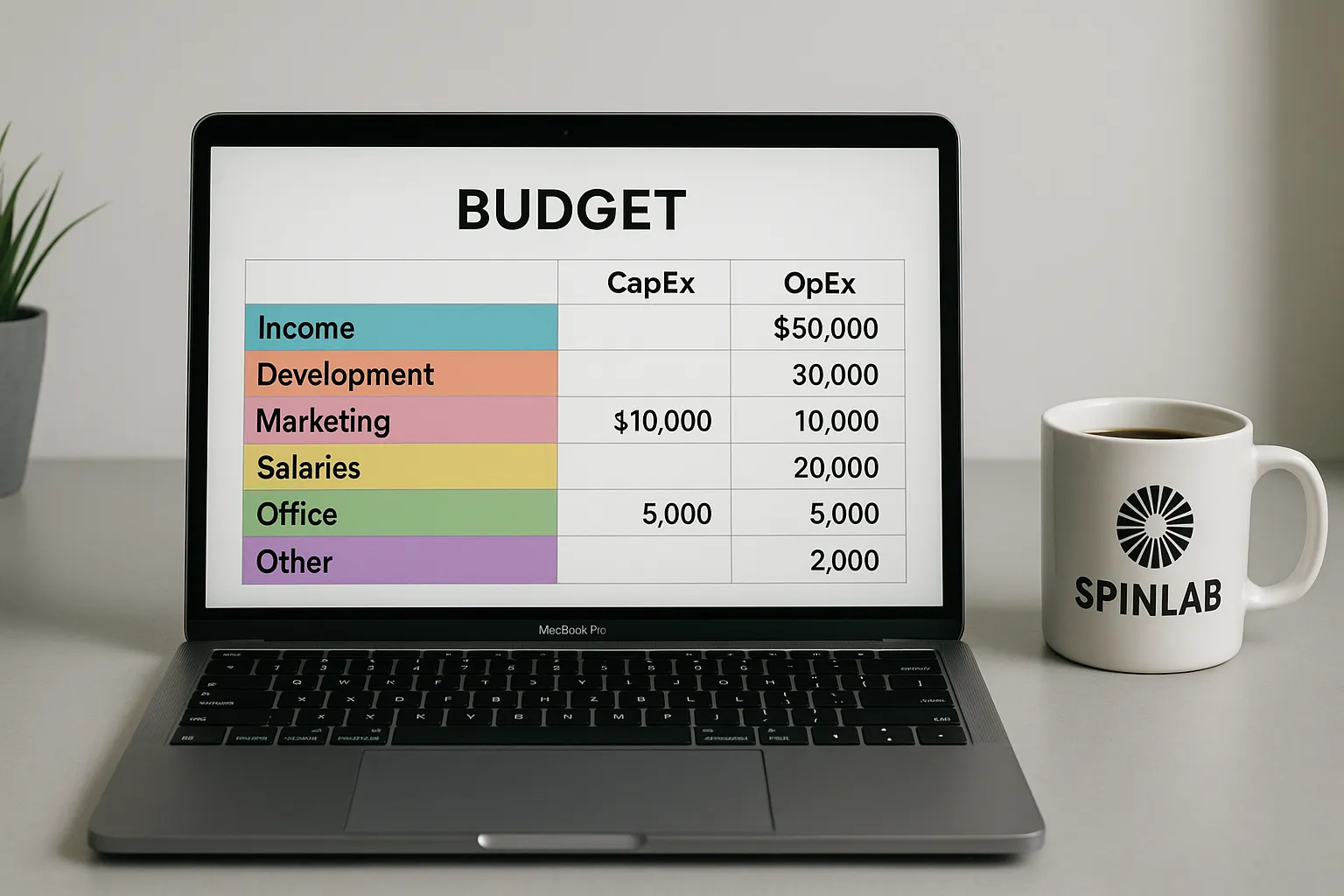 A laptop displaying a colour-coded budgeting spreadsheet with separate columns for CapEx and OpEx, set on a modern desk alongside a coffee mug branded with the Spinlab logo, illustrating practical financial planning for an online casino startup.