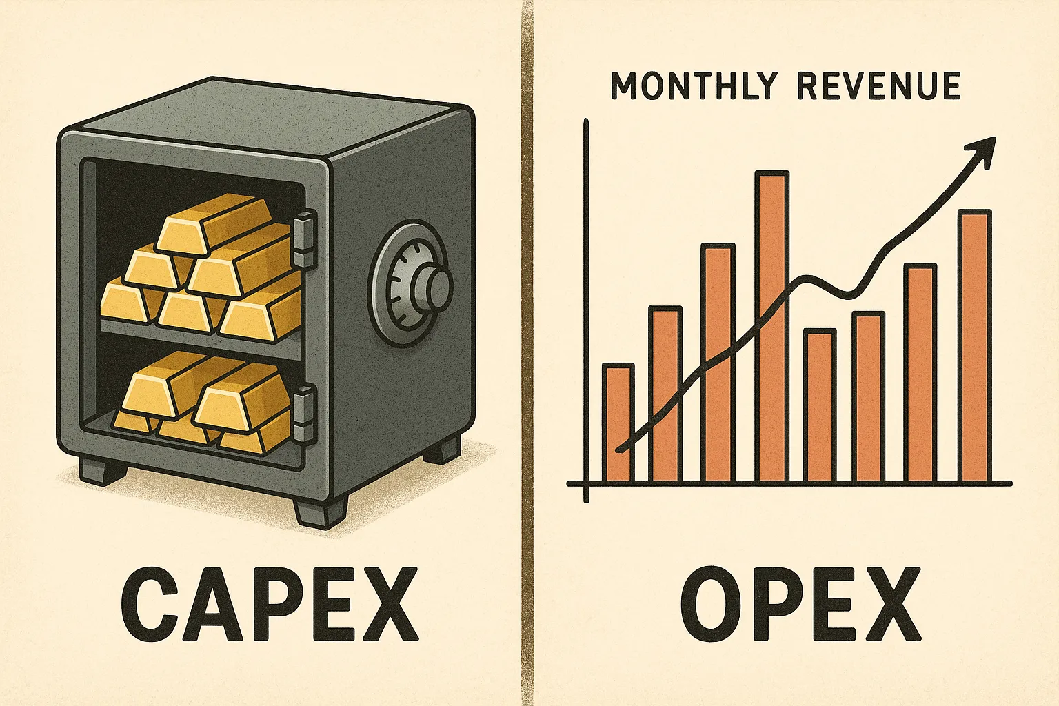 A side-by-side illustration: on the left, a heavy safe labeled “CapEx” filled with gold bars; on the right, a dynamic bar graph labeled “OpEx” rising and falling with monthly revenue, conveying the flexibility of operating expenses versus the rigidity of capital expenditures.