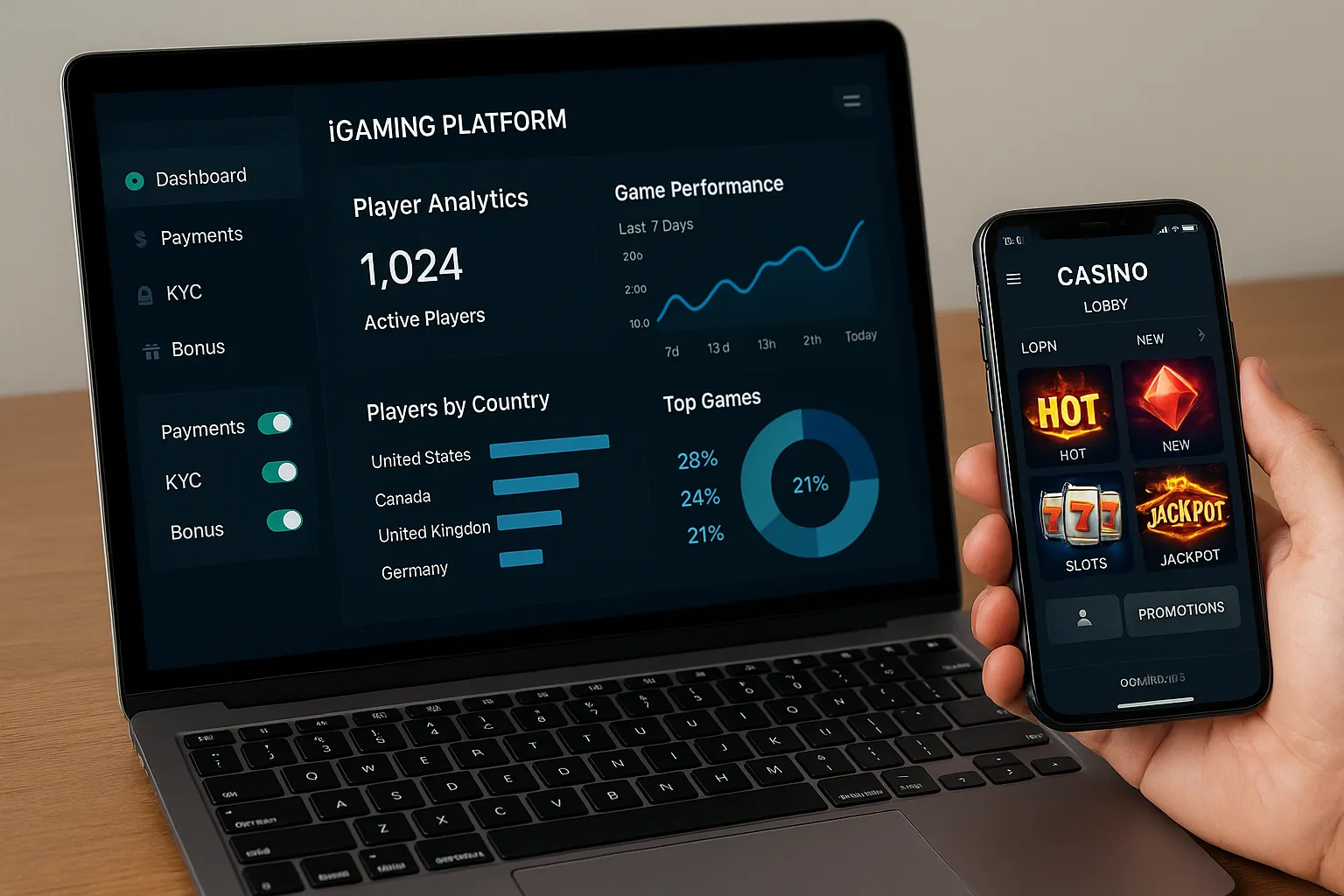 Illustration of an iGaming platform dashboard showing real-time player analytics, game performance charts, and a modular sidebar with toggles for payments, KYC, and bonus management. A laptop displays the dashboard, while a smartphone shows a mobile casino lobby, highlighting cross-device consistency.