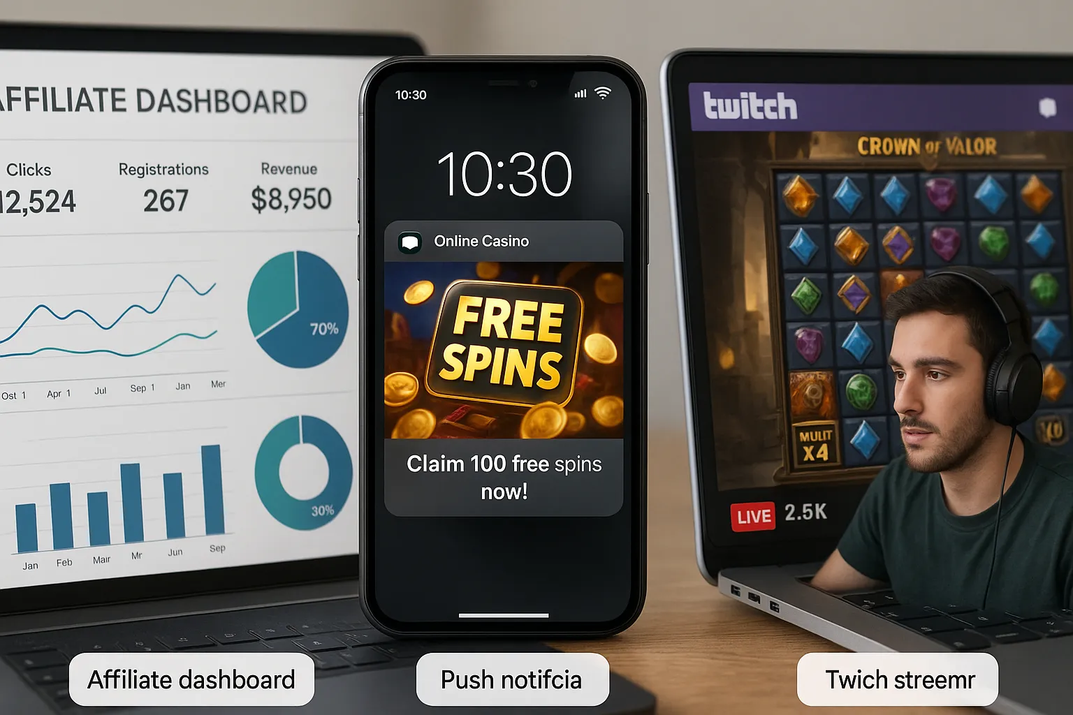 A collage of marketing tactics: an affiliate dashboard with graphs, a mobile push notification offering free spins, and a Twitch streamer playing a live slot game, illustrating omnichannel user acquisition for online casinos.