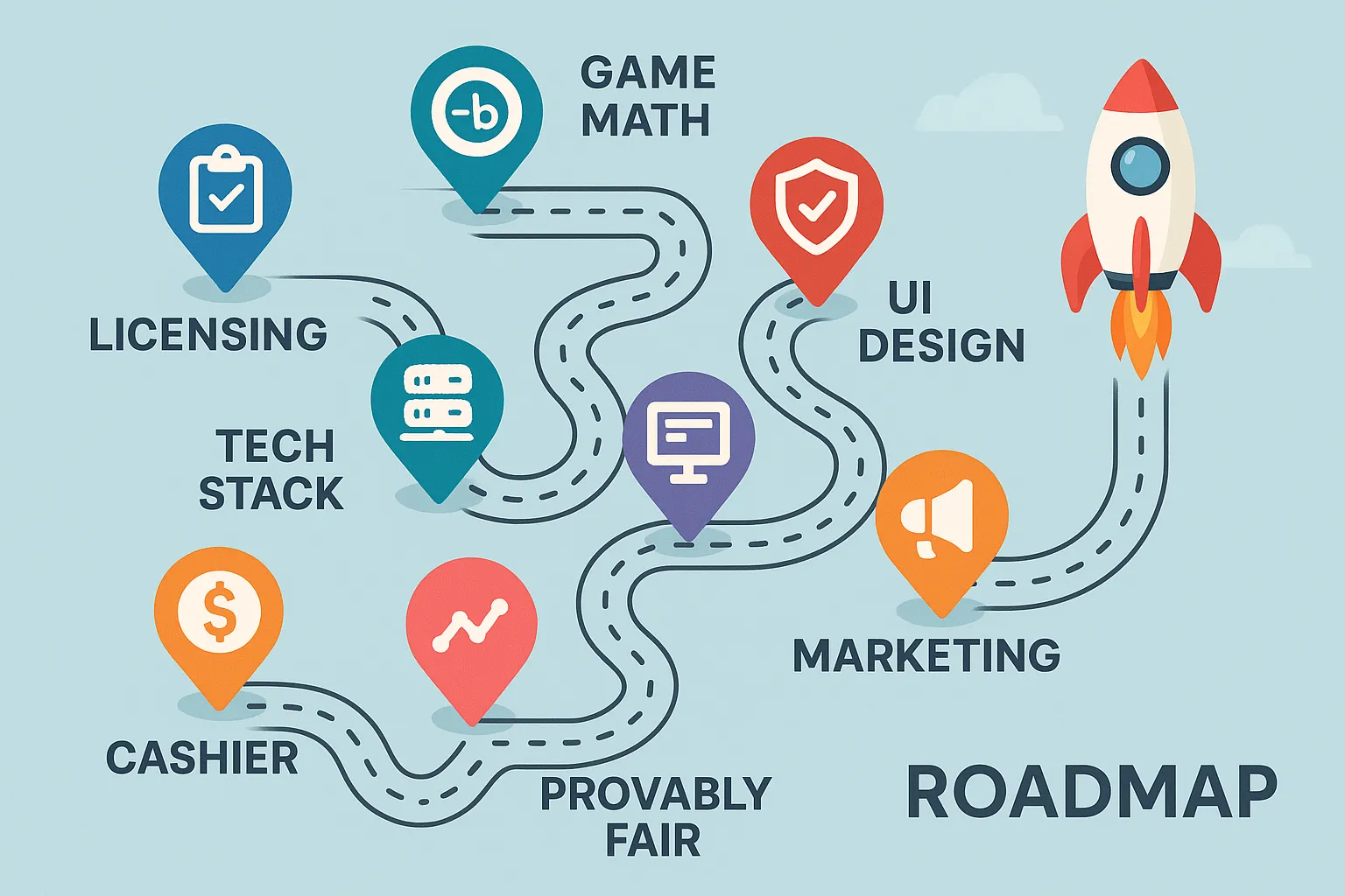 Infographic style roadmap illustrating eight milestones: Licensing, Game Math, Tech Stack, Cashier, Provably Fair, UI Design, Analytics, Marketing. Each milestone is represented by an icon on a curved path leading to a rocket launch.