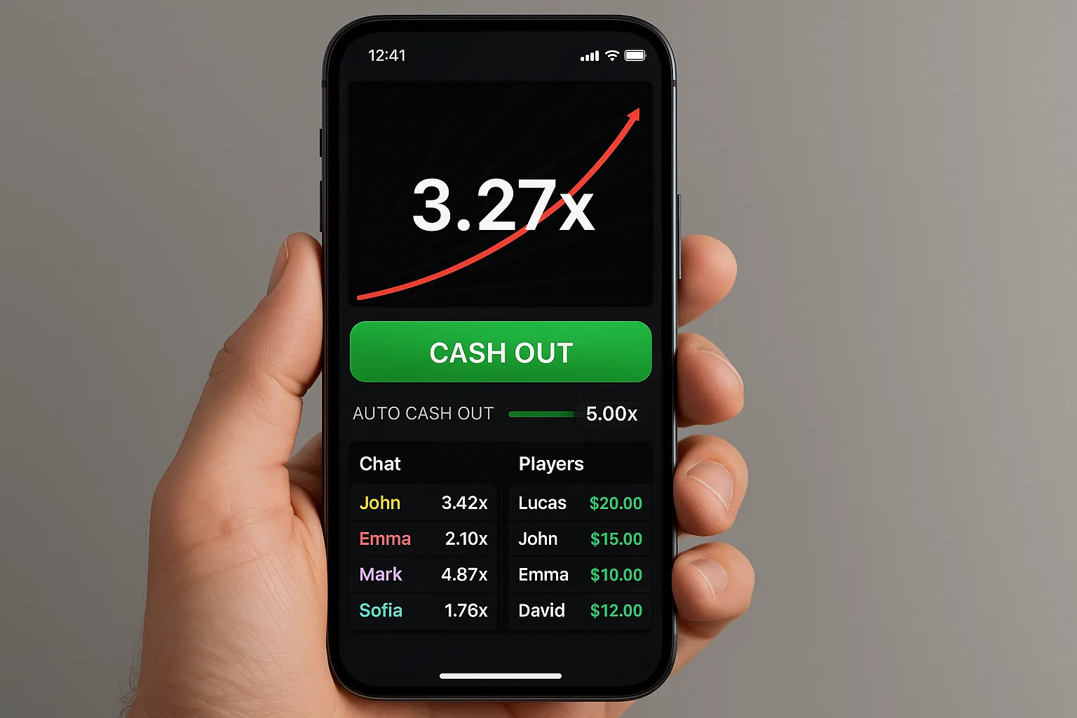 Mobile mock-up of a crash game interface showing rising multiplier, auto-cash-out slider, chat panel, and live player list on a bezel-less smartphone held in one hand.