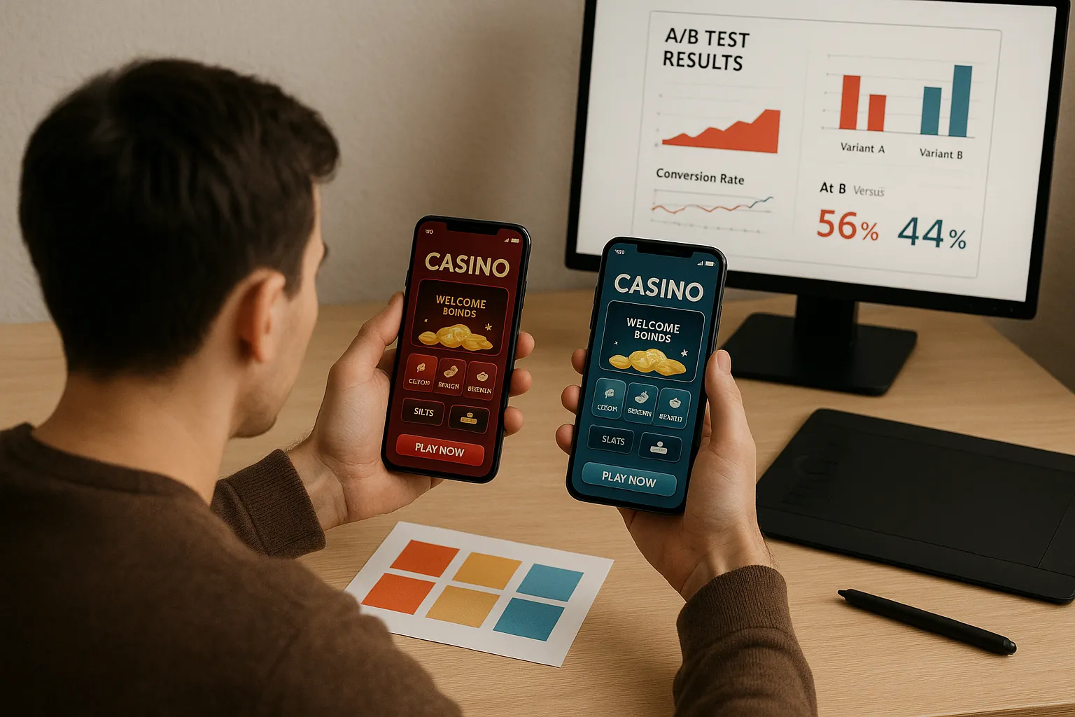 A designer reviewing two mobile casino mock-ups side-by-side: one with warm red accents and one with cool blue accents. The scene includes color swatches, a graphics tablet, and a statistics dashboard showing A/B test results on a secondary monitor.