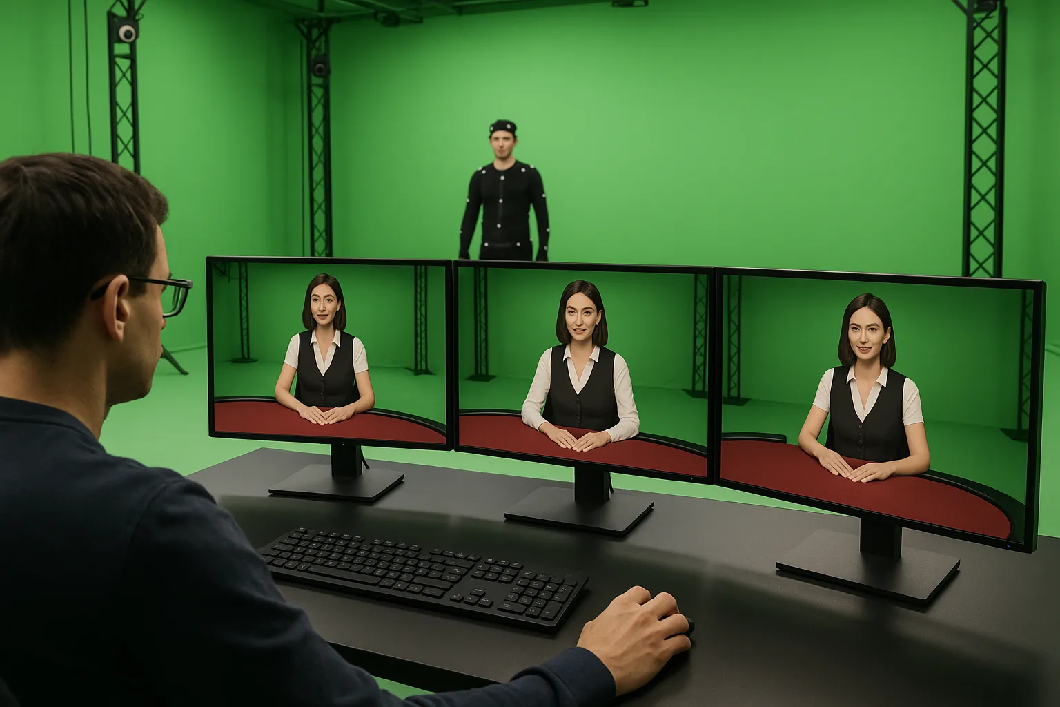 A modern studio with green screens and motion-capture rigs, where an engineer monitors a 3-D avatar dealer on multiple low-latency streams, representing the fusion of CGI and live casino technology.