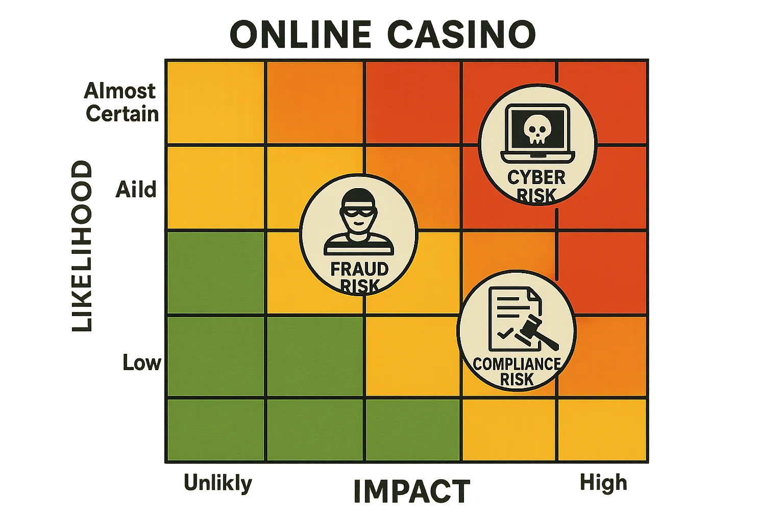 A stylized 5×5 risk matrix heat map for an online casino, with red cells in the top-right corner and green cells in the bottom-left, overlaid by icons representing cyber, fraud, and compliance risks.