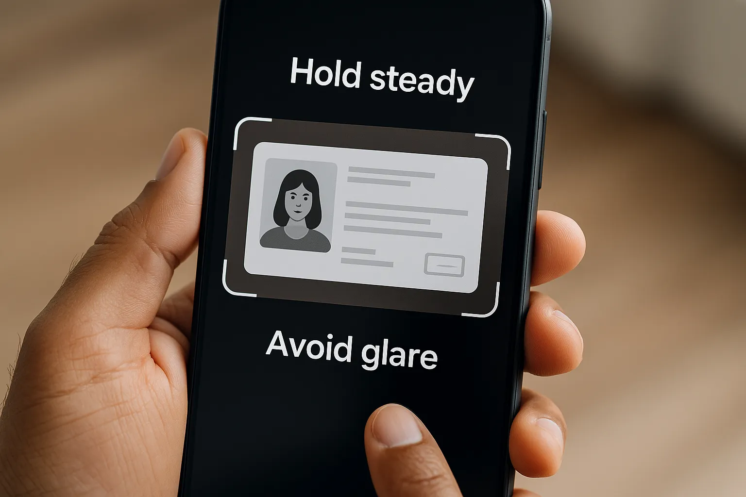Close-up of a mobile user uploading an ID document with on-screen tips like “Hold steady” and “Avoid glare.”