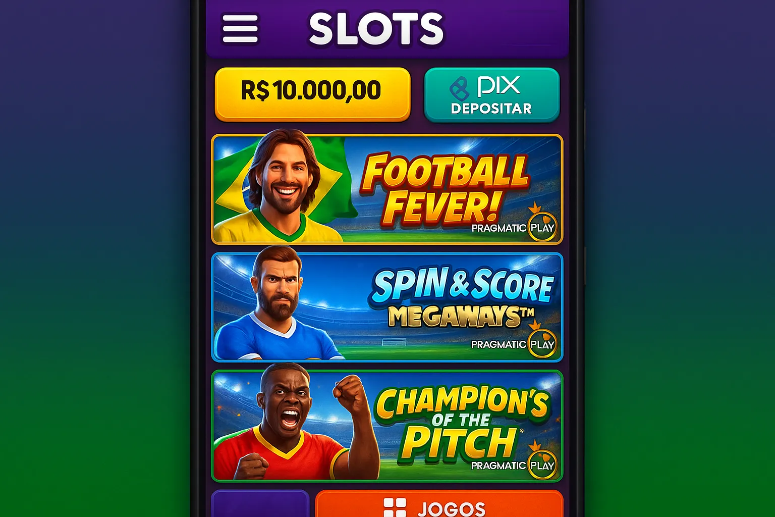 Colorful mobile slot lobby mockup showing Brazilian real currency balances, Pix deposit button, and banners featuring football-themed Pragmatic Play game thumbnails.