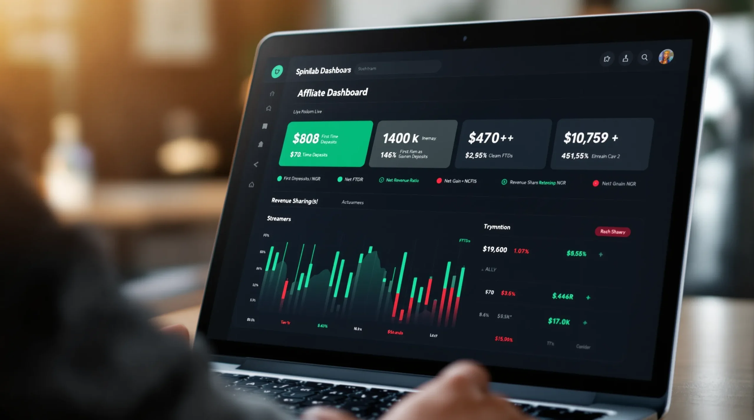 First-person view of a laptop displaying Spinlab’s affiliate dashboard, showcasing live KPIs such as FTDs, NGR, and rev-share payouts for multiple streamers, with green and red trend indicators.
