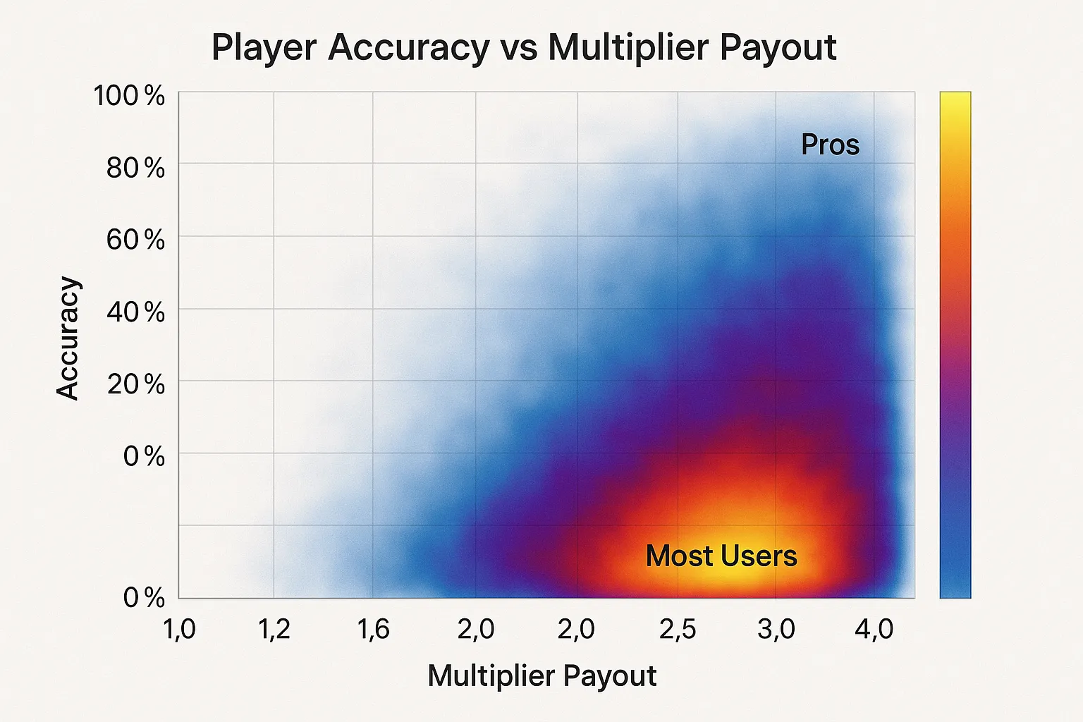 Heatmap of player accuracy vs multiplier payout, illustrating that most users cluster around 1.2x while pros hit 3x plus.