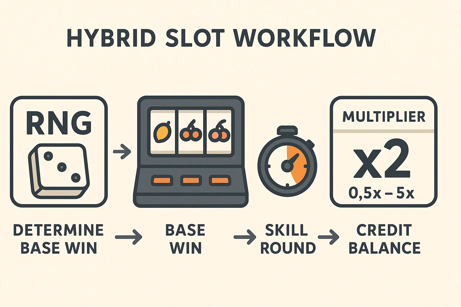 Illustration of a hybrid slot workflow: RNG determines base win, then a timed skill round provides a multiplier from 0.5x to 5x before crediting the player’s balance.