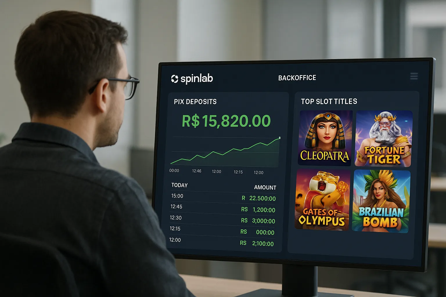 Operator viewing Spinlab backoffice dashboard showing real-time Pix deposits and top Brazilian slot titles.