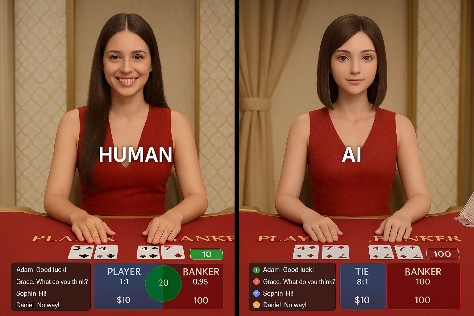 Split-screen mockup showing a human dealer and a 3-D AI dealer side by side, with real-time betting overlays and chat windows, emphasizing coexistence rather than full replacement.