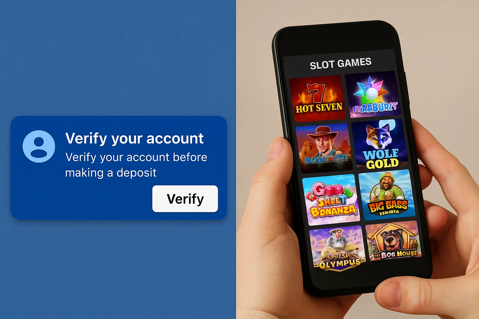 Split-screen showing a player browsing slot games, with a subtle banner inviting them to verify their account before depositing.