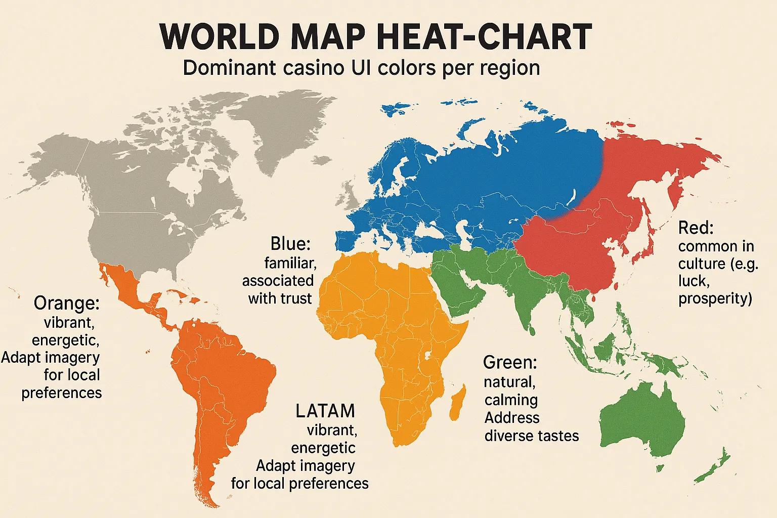 World map heat-chart highlighting dominant casino UI colors per region: red in East Asia, blue in Nordics, orange across LATAM, green in Africa. Small annotations indicate cultural notes and localization tips.