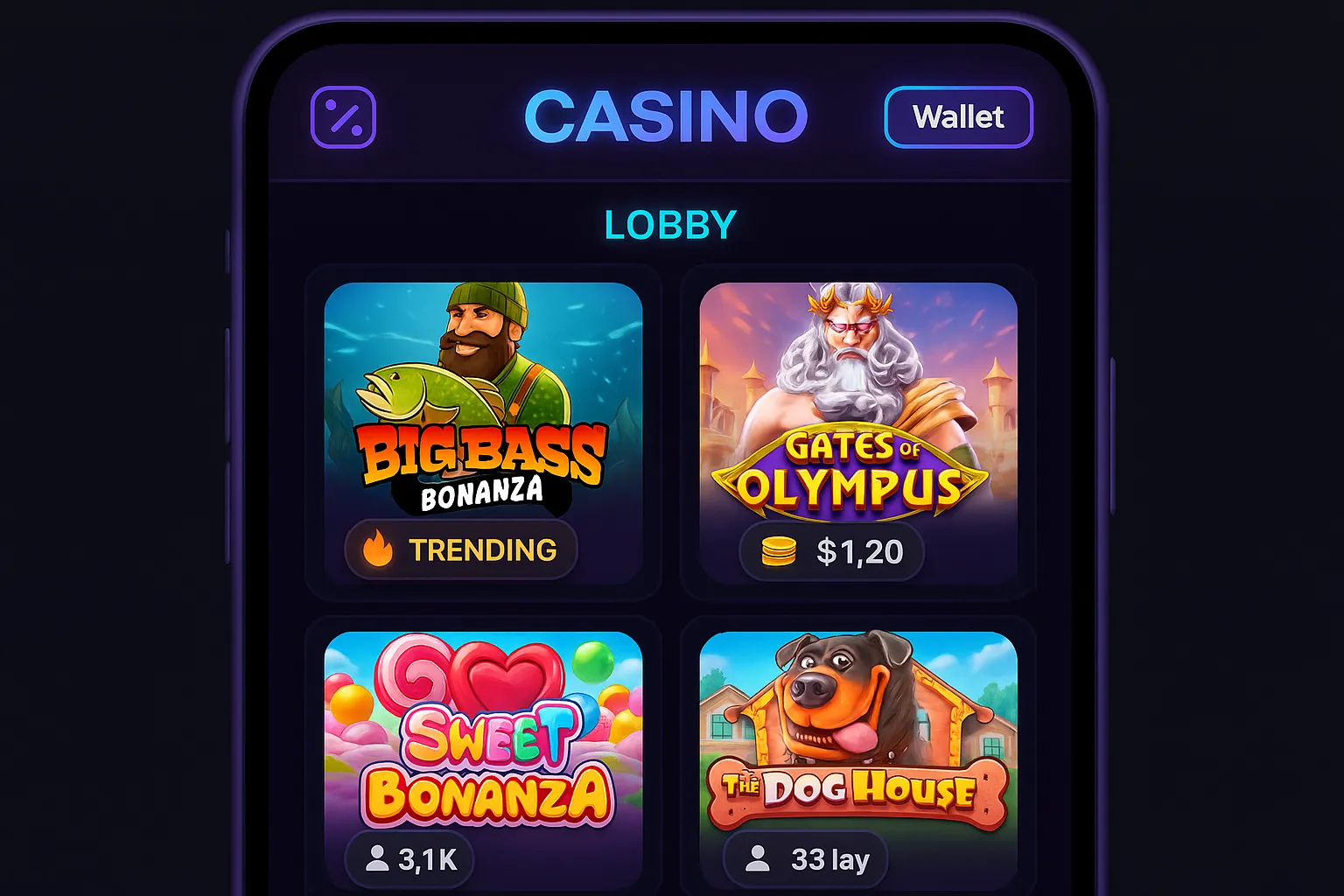A modern mobile casino lobby where slot thumbnails carry small animated badges: a flame icon with 'Trending', a coin stack showing recent win value, and a subtle player-count bubble. The UI is dark mode with neon accents, conveying a tech-forward, crypto-ready aesthetic.