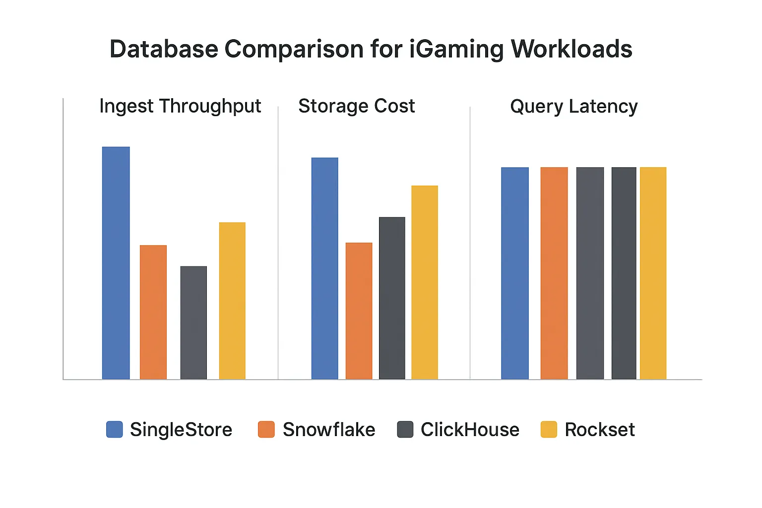 A side-by-side bar chart comparing each database on four metrics: ingest throughput, storage cost, query latency and SQL completeness for iGaming workloads.