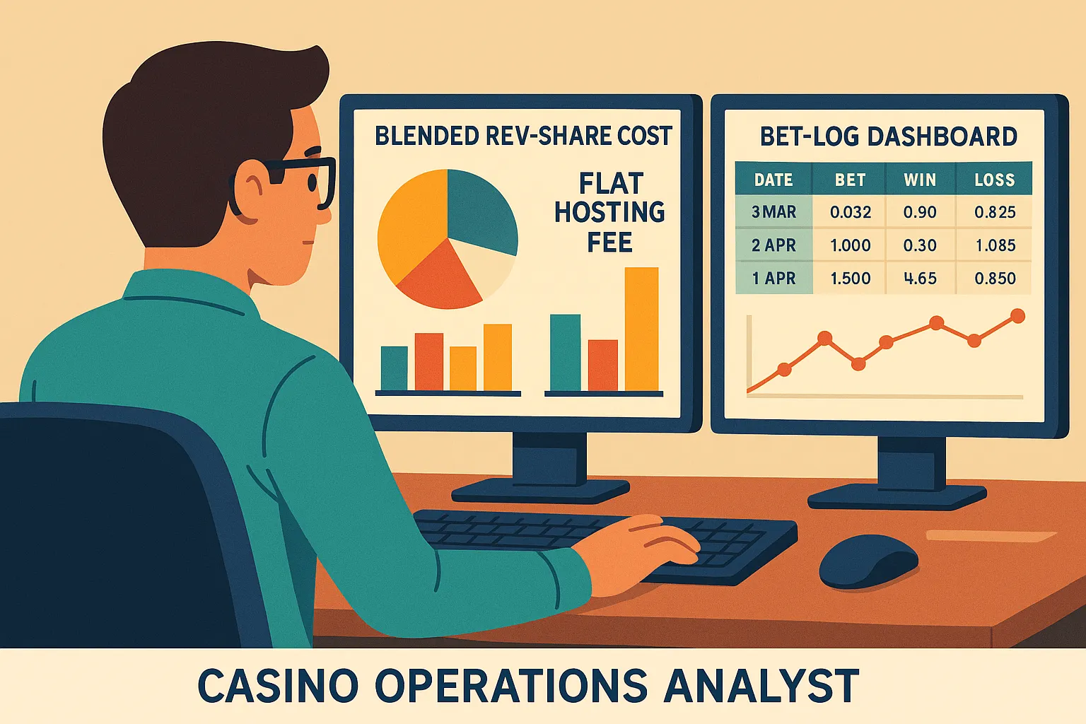 Illustration of a casino operations analyst comparing blended rev-share costs versus flat hosting fees on dual monitors, displaying colourful charts and a bet-log dashboard.