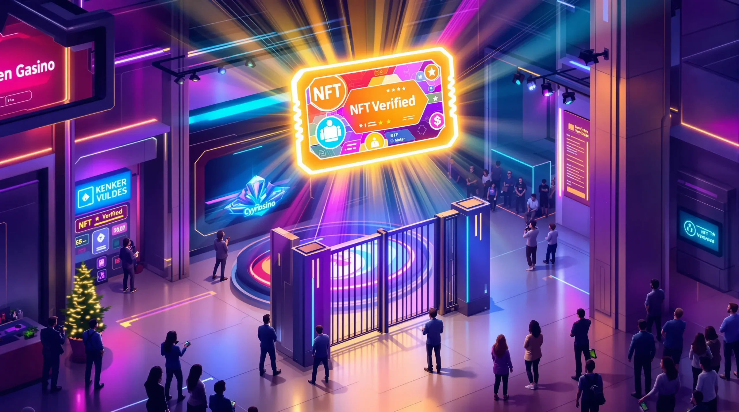 Stylized illustration of a mobile casino lobby where a glowing NFT pass hovers above a tournament arena. Players with crypto wallets are entering through a digital gate displaying