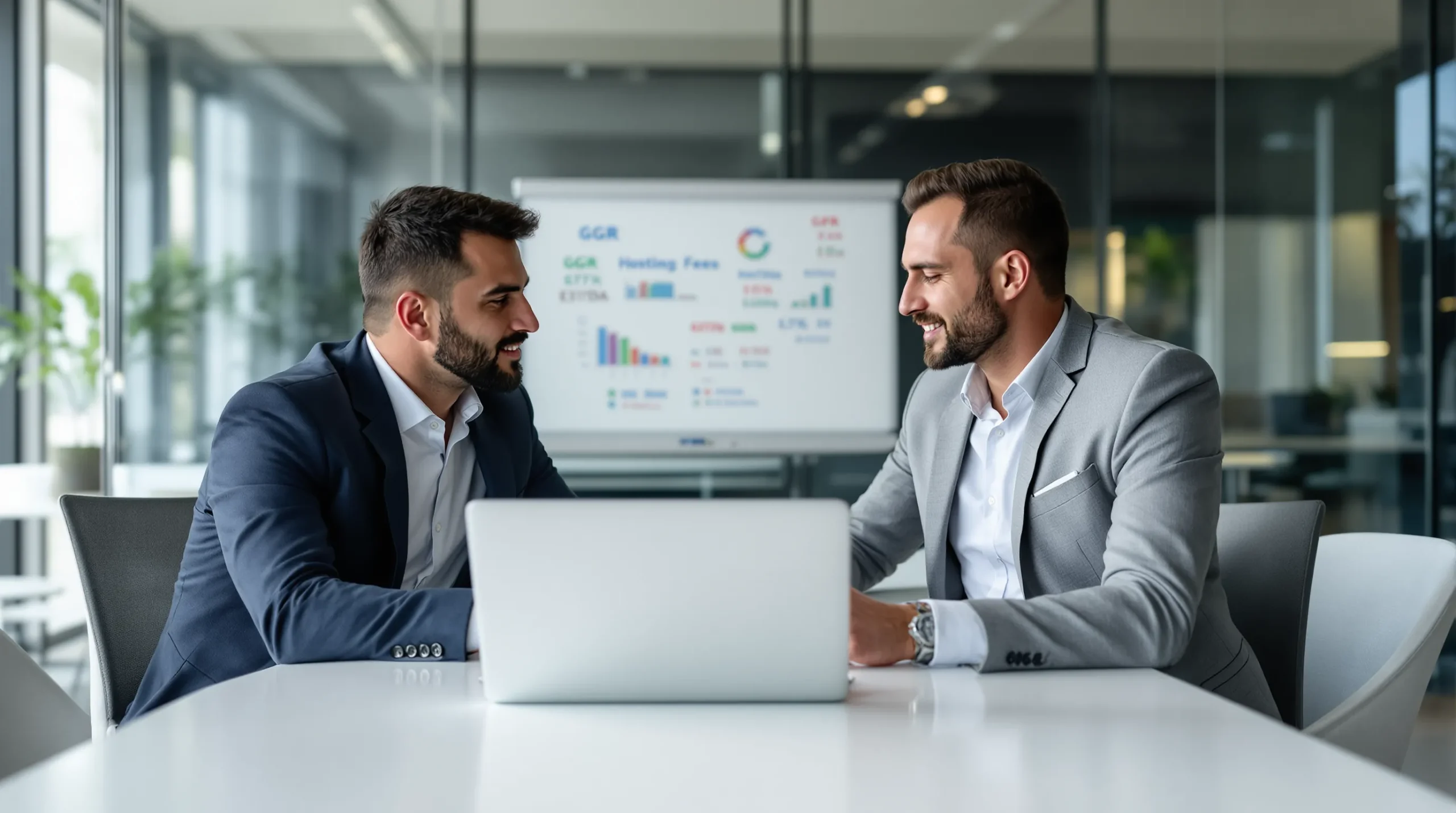 Two business development managers reviewing profit-sharing scenarios on a laptop displaying a colourful spreadsheet of GGR, hosting fees, and EBITDA projections in a modern office meeting room.