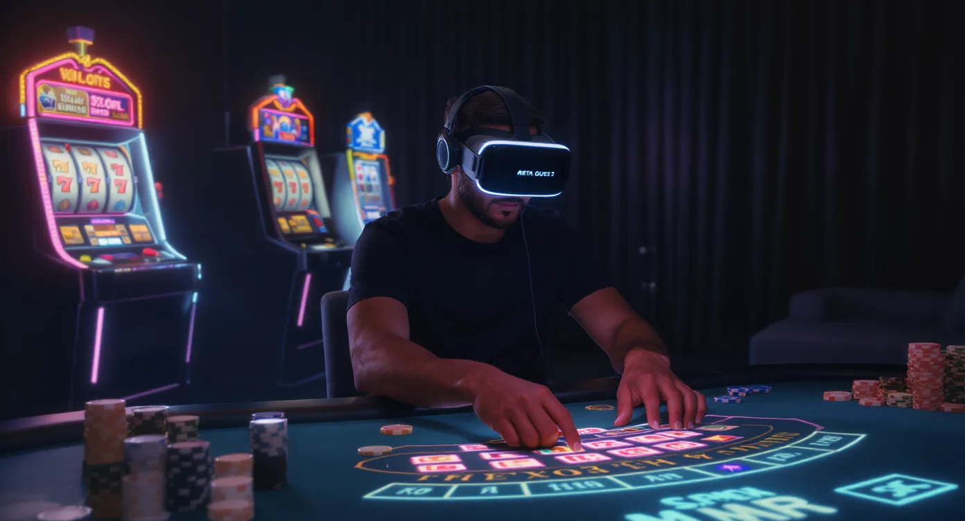 A casino patron wearing a Meta Quest 3 headset places virtual poker chips on a digital table surrounded by neon slot cabinets, illustrating a standalone VR gambling session in a home setting.