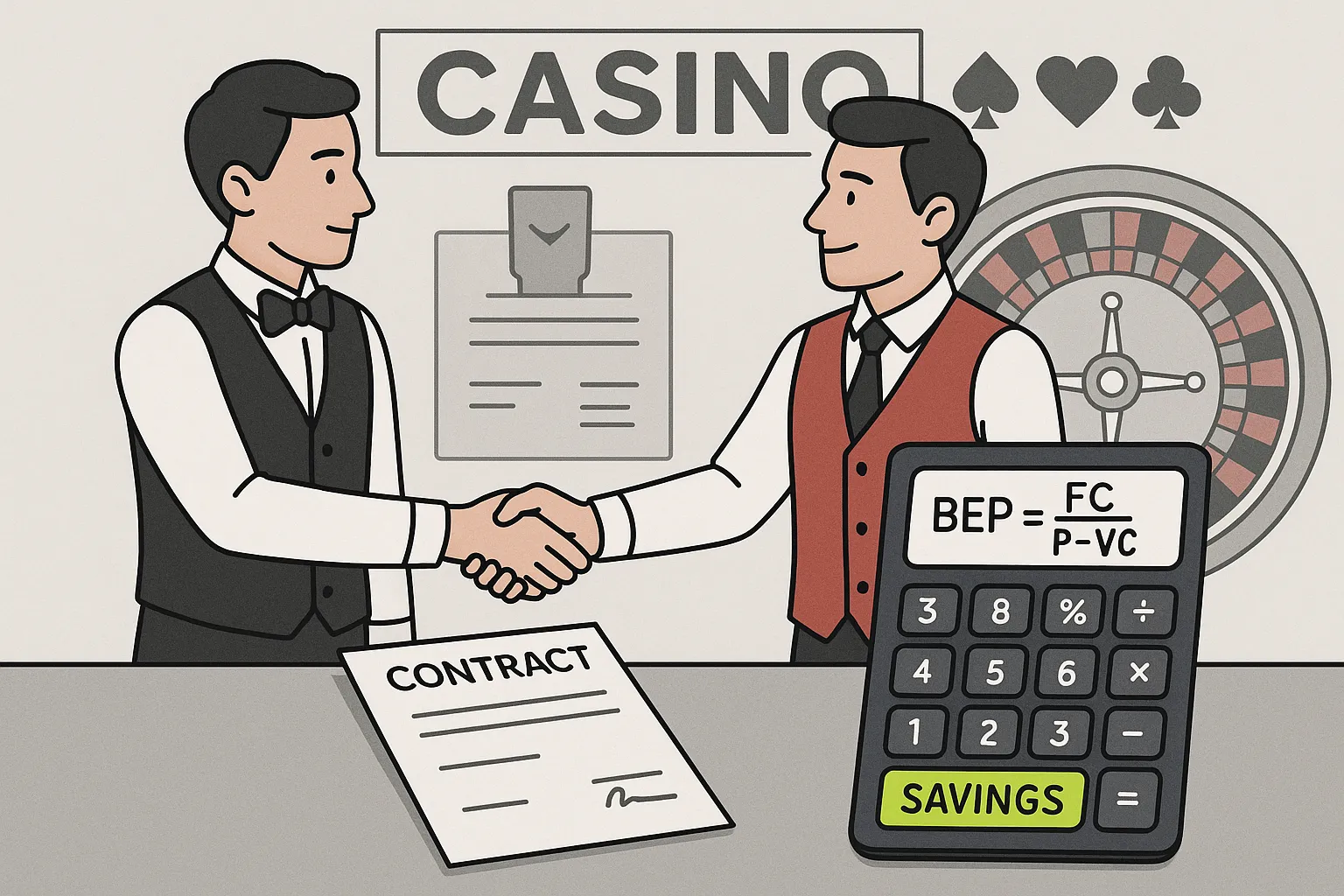 Illustration of two casino operators shaking hands over a contract, while a calculator on the desk shows a break-even formula with highlighted savings.