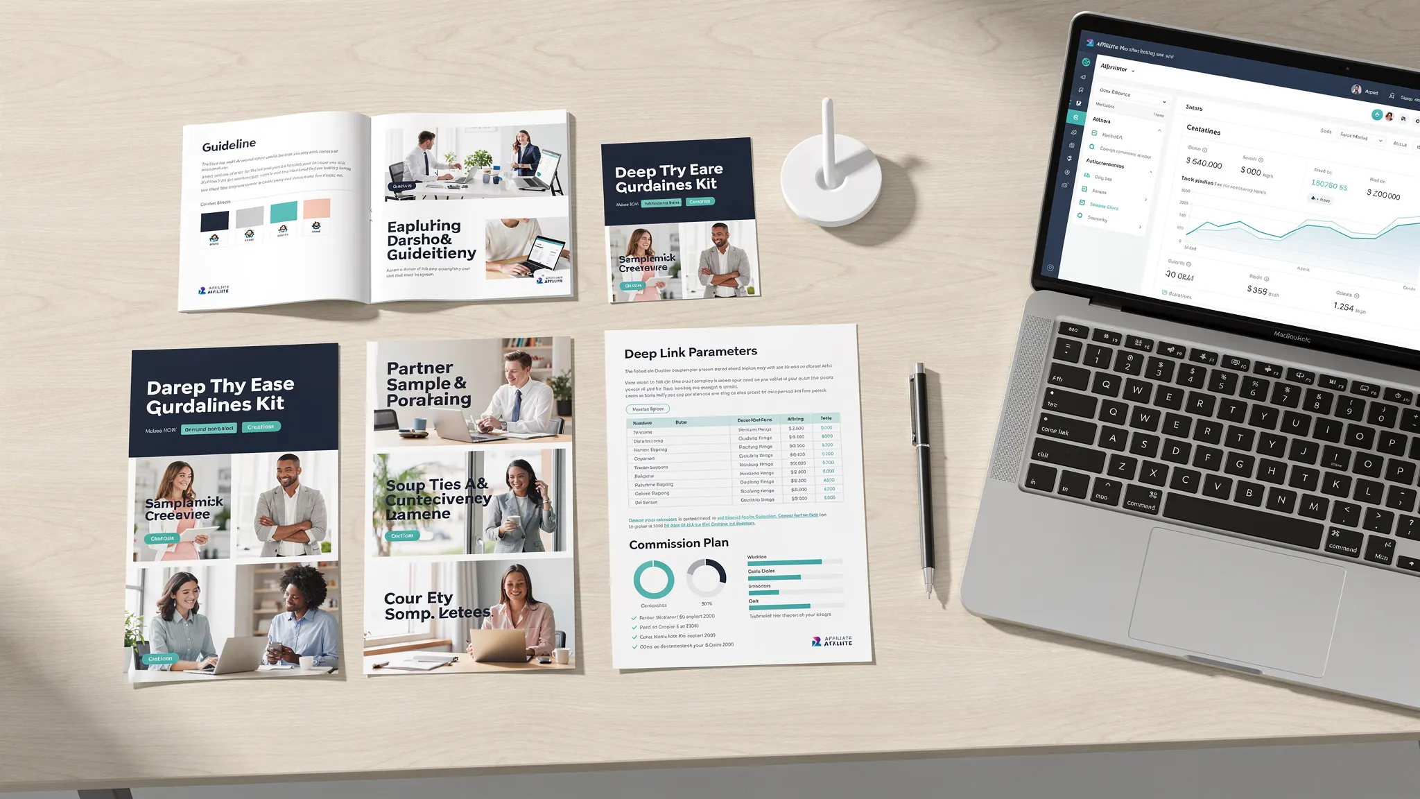 A partner onboarding kit laid out on a desk, including a brand guideline booklet, sample ad creatives, deep link parameters sheet, commission plan one-pager, and a laptop showing a mobile-first affiliate portal.