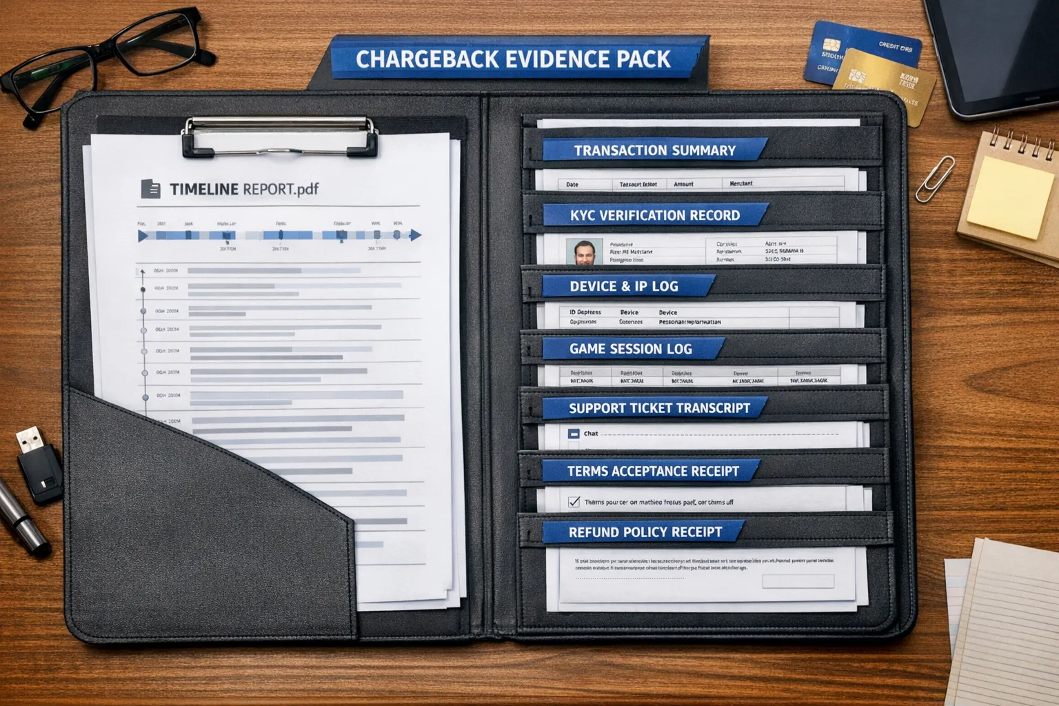 A neatly organized “chargeback evidence pack” folder concept with labeled documents: Timeline PDF, Transaction summary, KYC verification record, Device and IP log, Game session log, Support ticket transcript, Terms acceptance receipt, and Refund policy receipt.