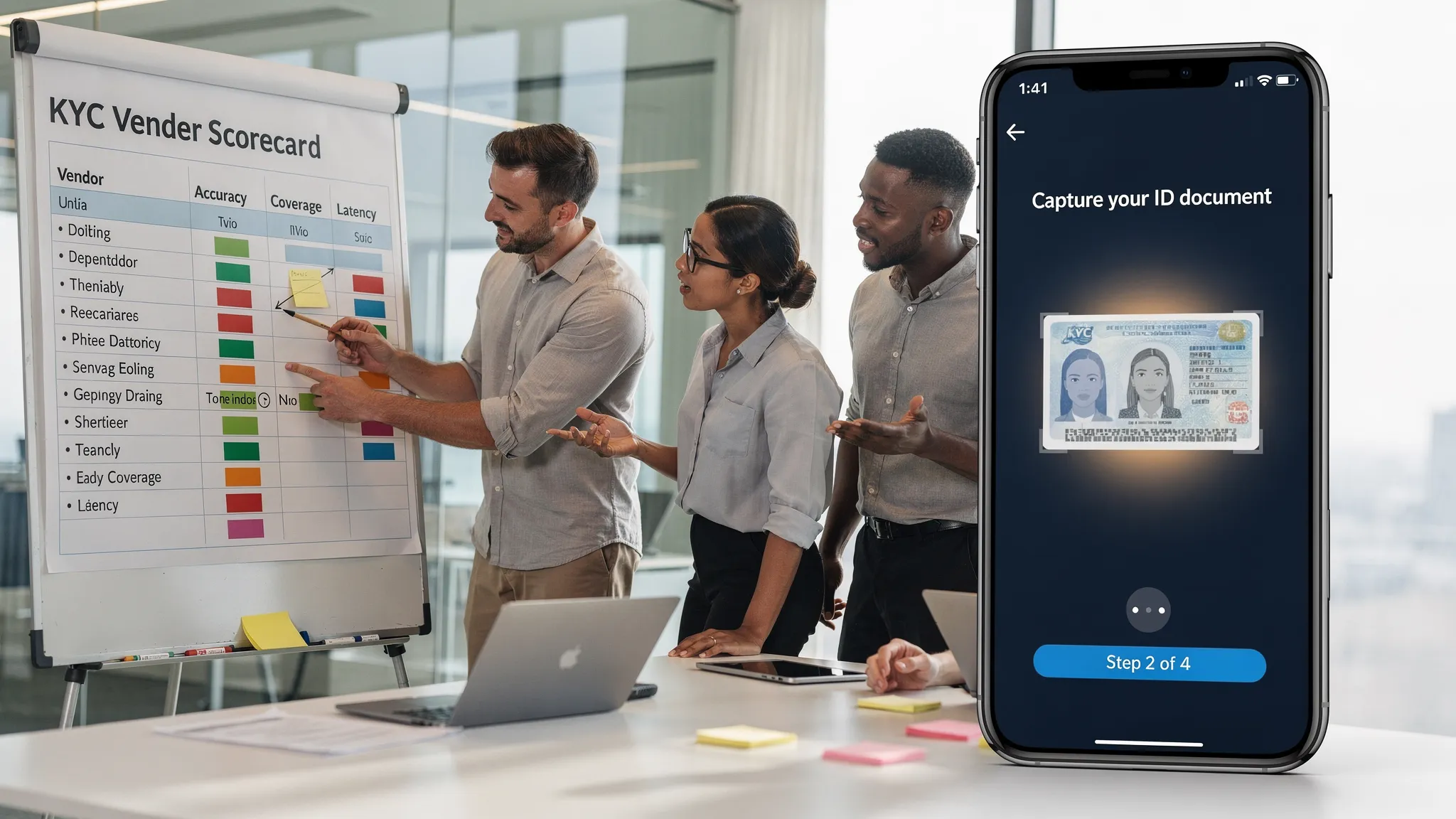 A product team reviewing a KYC vendor scorecard on a whiteboard next to a mobile phone showing an identity verification screen with document capture and a progress indicator.