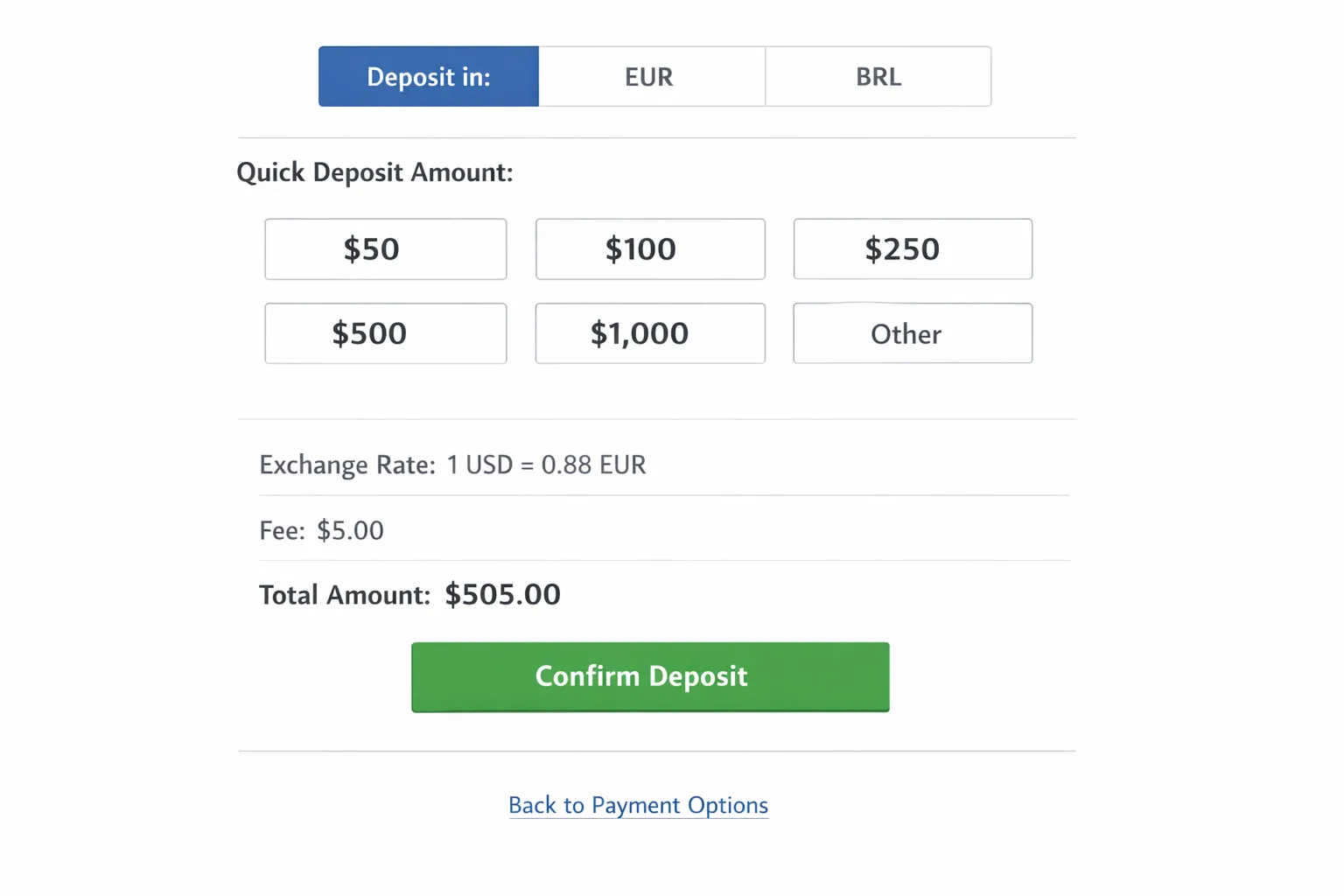 A simple cashier UI mock showing deposit quick-pick amounts in three currencies (USD, EUR, and BRL), with a clear exchange rate line, fee line, and total line displayed before confirmation.