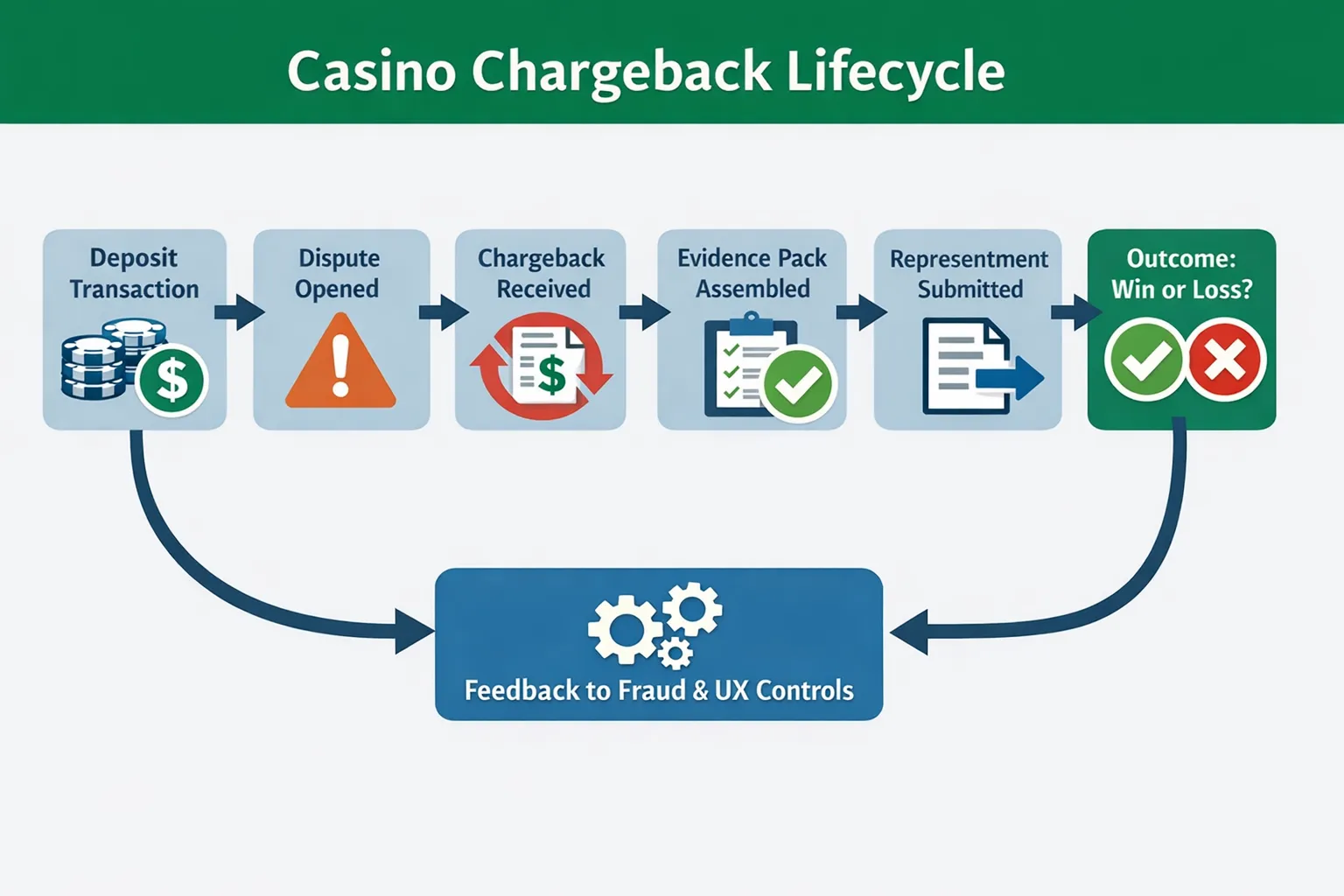 A simple flow diagram showing the casino chargeback lifecycle: Deposit transaction, Dispute opened, Chargeback received, Evidence pack assembled, Representment submitted, Outcome (win or loss), then Feedback loop to fraud and UX controls.