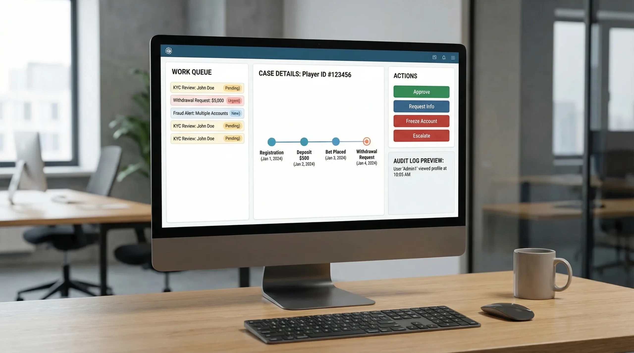 A clean casino backoffice interface showing a left-side work queue (KYC reviews, withdrawals, fraud alerts), a central “case” panel with a player timeline (registration, deposits, bets, withdrawals), and a right-side actions panel (approve, request info, freeze, escalate) with an audit log preview.