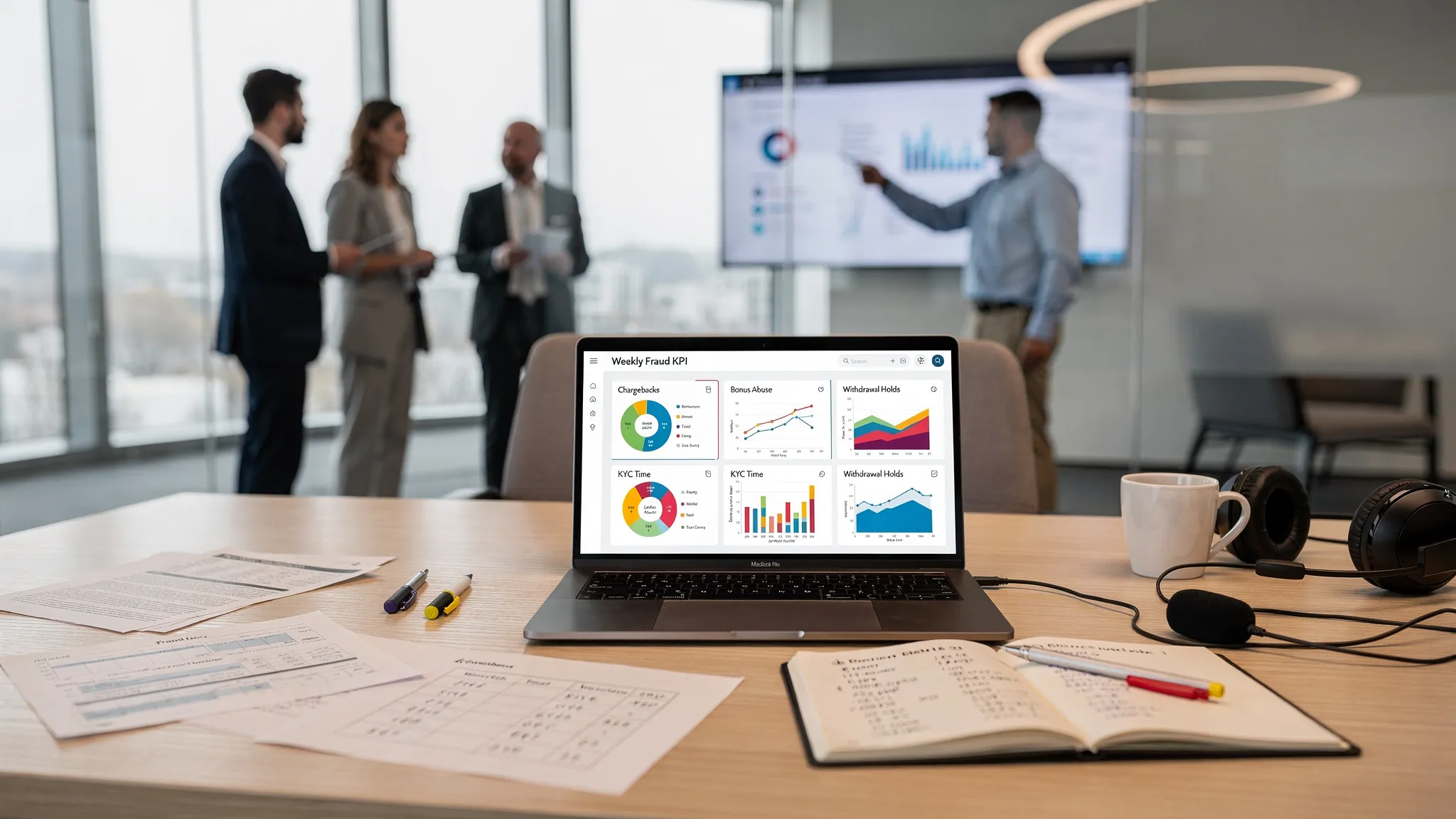 A modern casino risk analyst workspace showing a laptop with a weekly fraud KPI dashboard (charts for chargebacks, bonus abuse, KYC time, withdrawal holds), alongside notes and a small team discussion in the background. The dashboard screen is facing the viewer and contains no readable brand names.