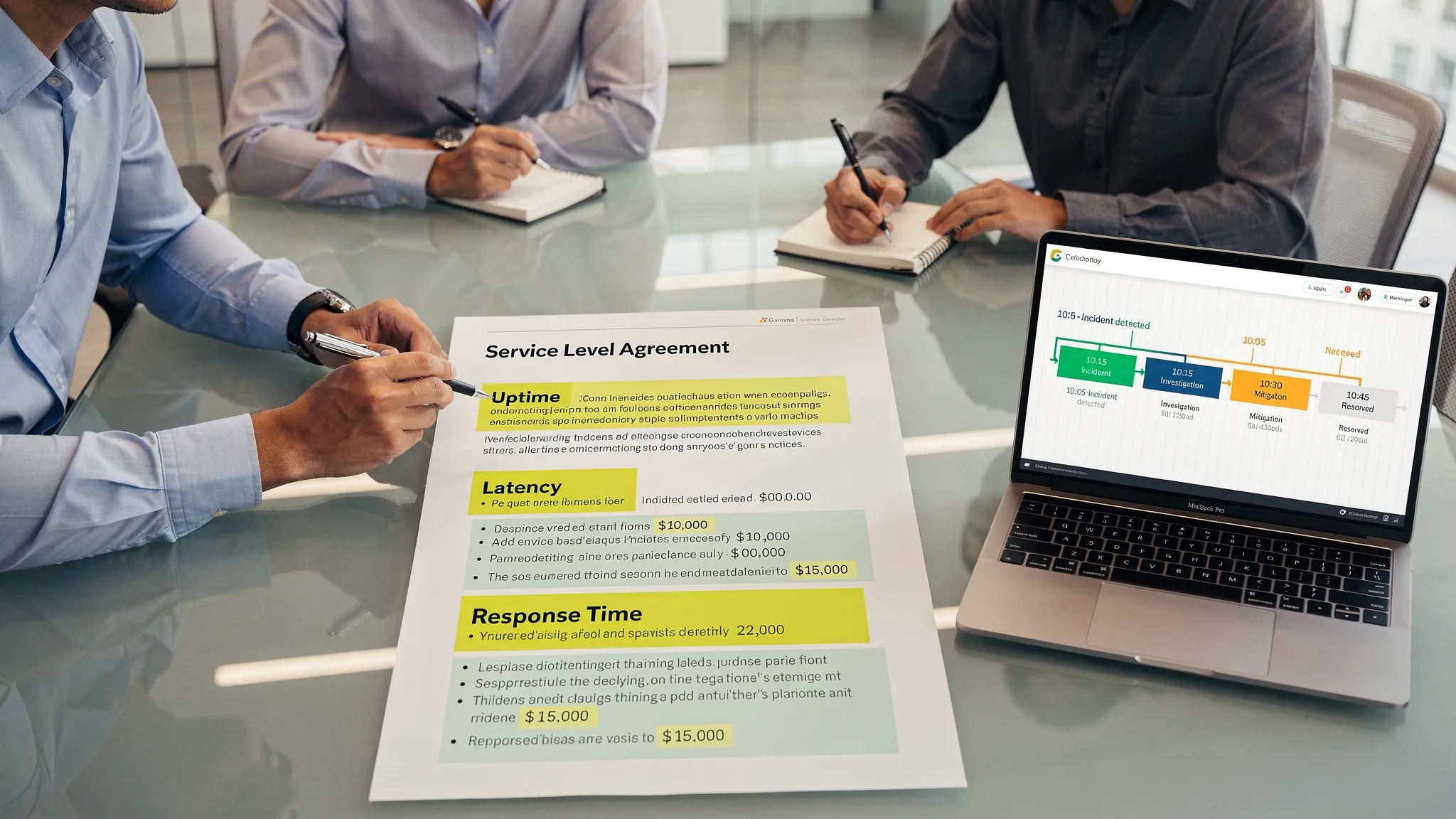 A procurement and operations team reviewing an iGaming provider SLA sheet on paper at a conference table, with highlighted uptime, latency, and response-time clauses, plus a laptop turned to the side showing a simple incident timeline.