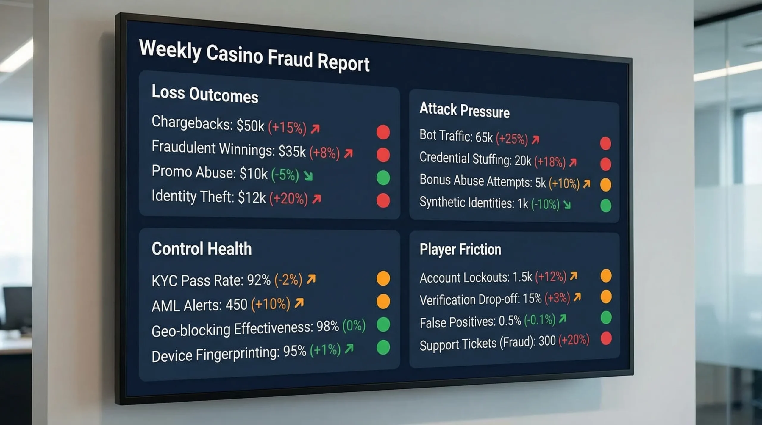 A simple four-panel weekly casino fraud dashboard layout showing: Loss Outcomes, Attack Pressure, Control Health, and Player Friction. Each panel contains 3–5 KPIs with week-over-week deltas and red/amber/green status.