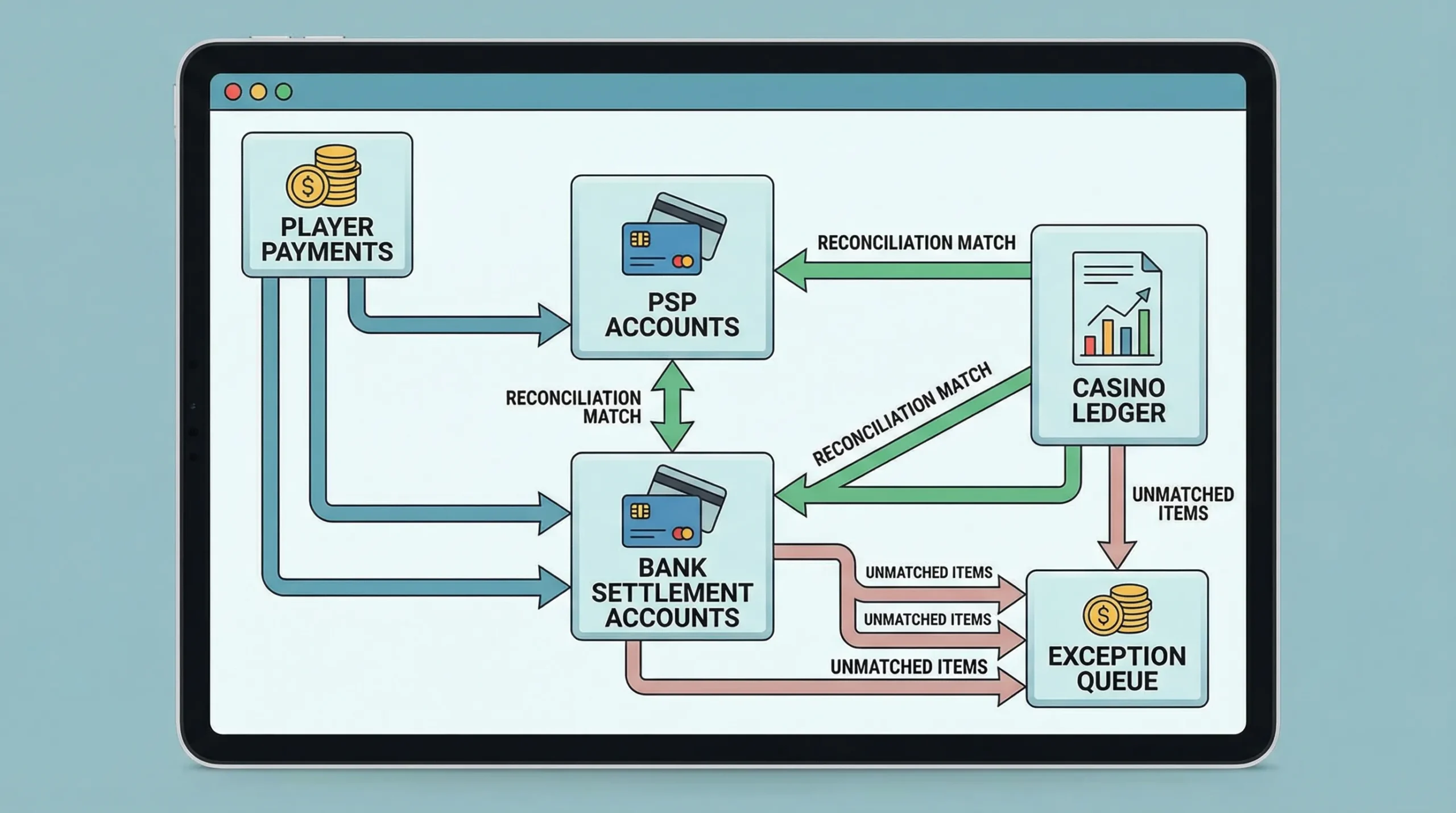 Diagram showing three-way reconciliation for an online casino: player payments flow into PSP and bank settlement accounts, while the casino ledger records postings; arrows indicate matching between ledger, PSP reports, and bank statements, with an exception queue for unmatched items.
