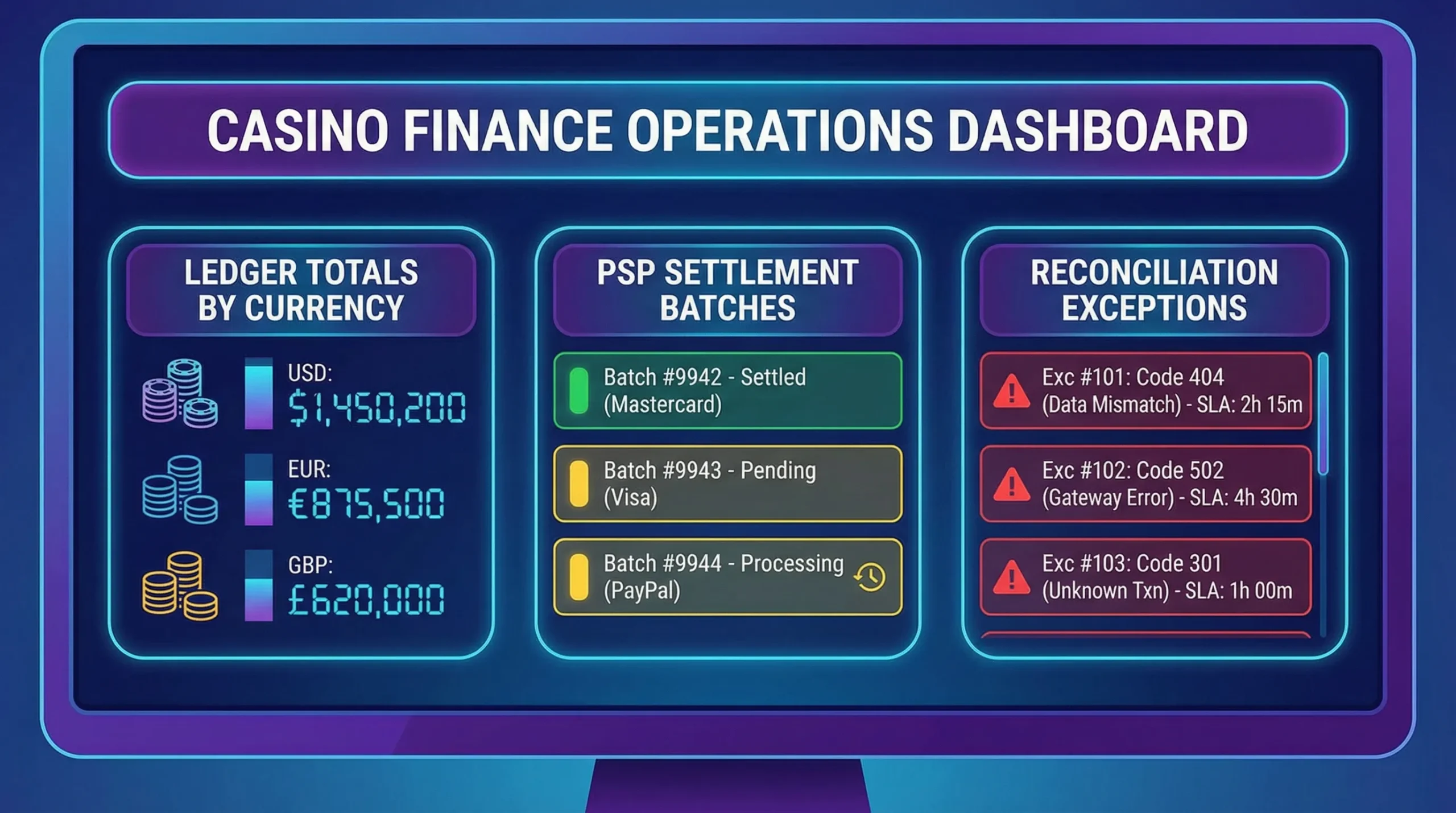 Illustration of a casino finance operations dashboard showing three panels: ledger totals by currency, PSP settlement batches, and a reconciliation exceptions list with reason codes and SLA timers.
