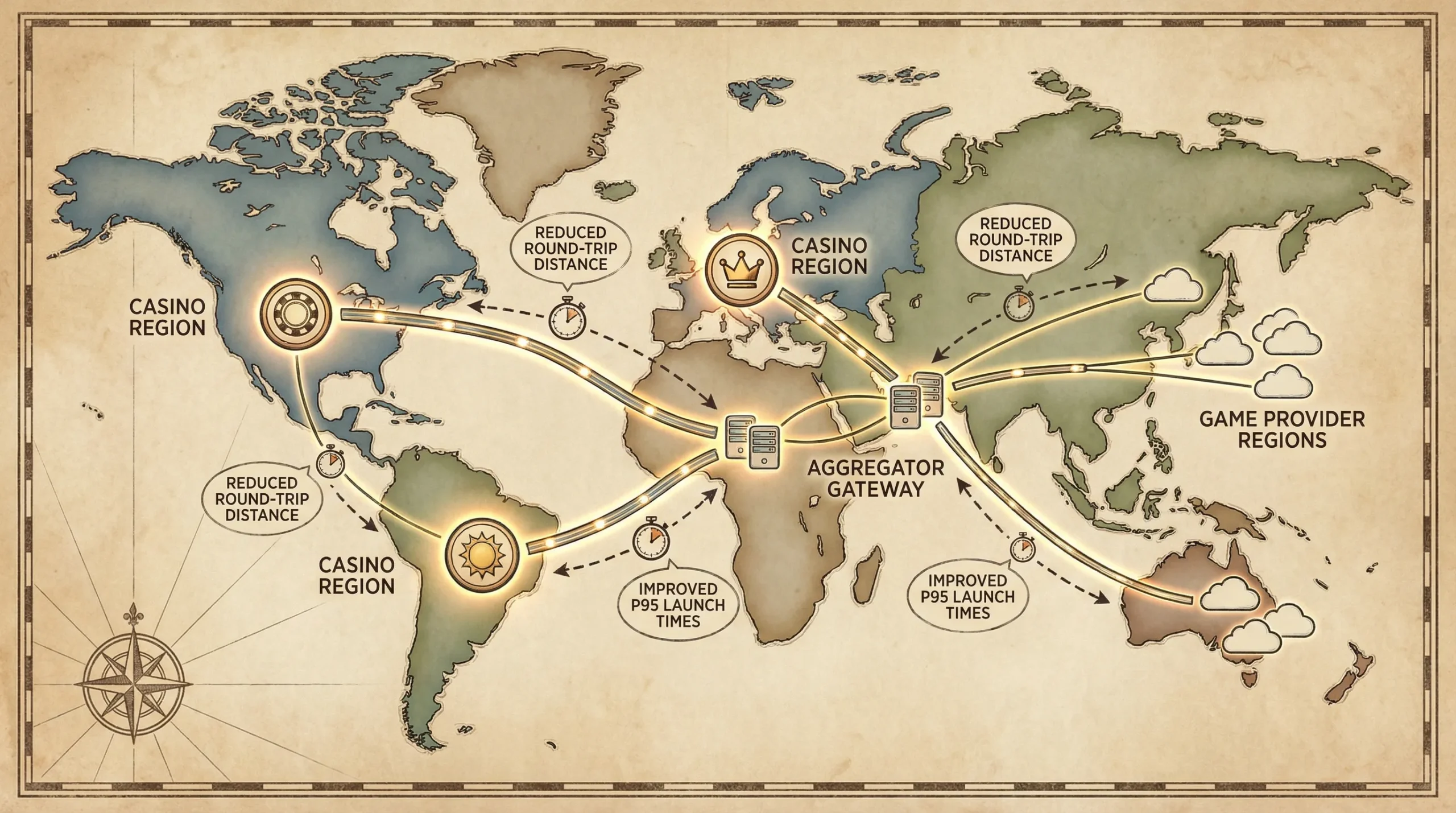 World map-style illustration showing three casino regions (North America, Europe, LATAM) with nearby aggregator gateways and peering links to game provider regions, highlighting reduced round-trip distance and improved P95 launch times.