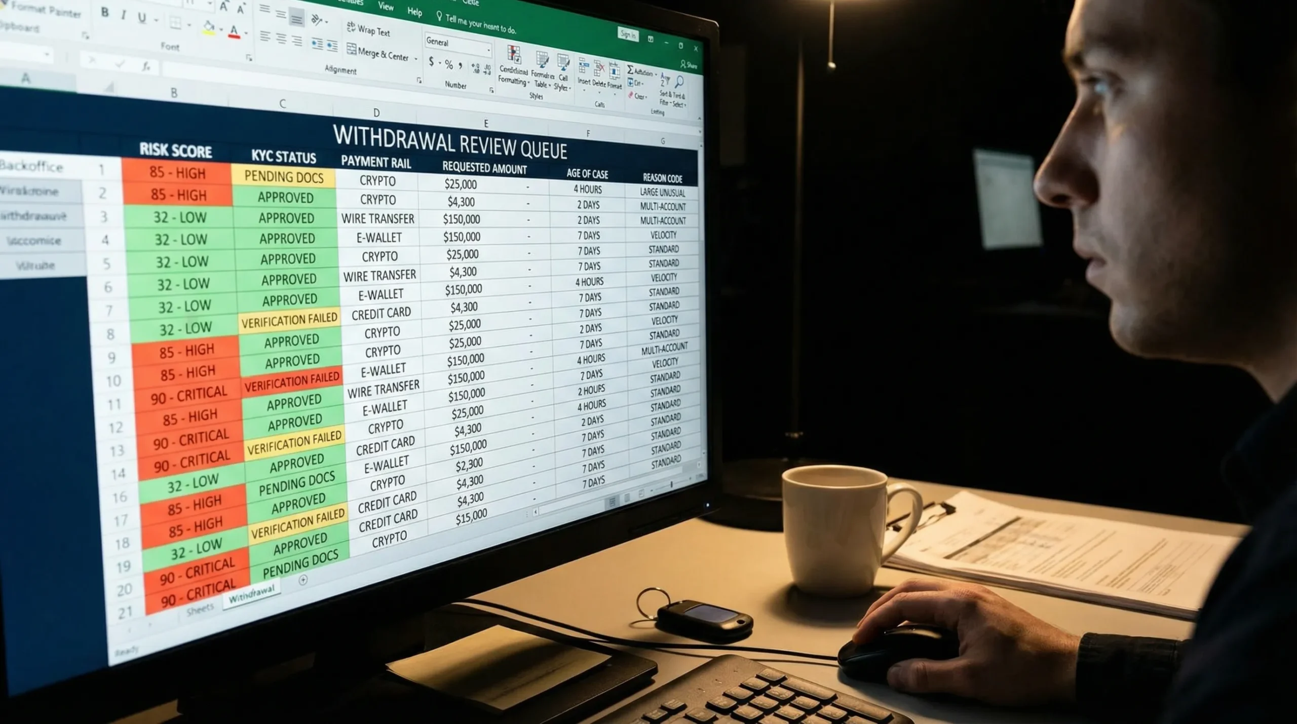 A casino backoffice withdrawal review queue with columns for risk score, KYC status, payment rail, requested amount, age of case, and reason code.