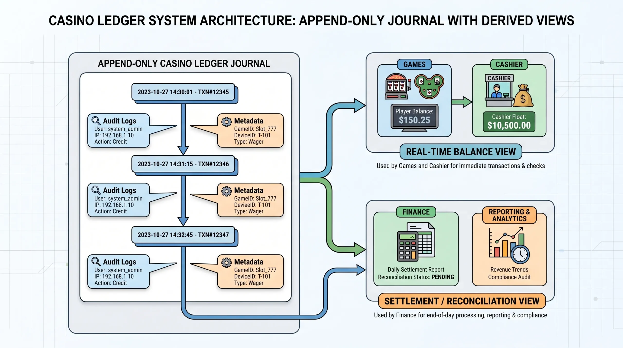 A simple diagram showing an append-only casino ledger journal feeding two derived views: a real-time balance view used by games and cashier, and a settlement/reconciliation view used by finance. The diagram also shows audit logs and metadata attached to each posting.