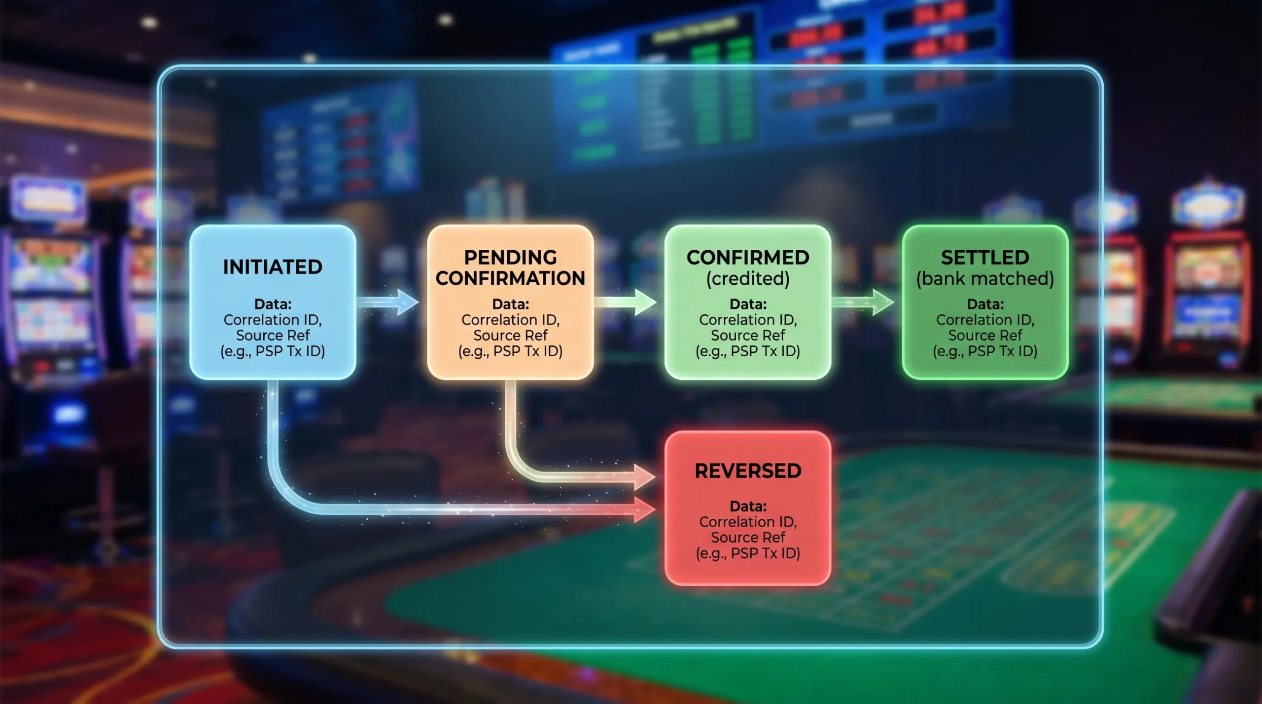 A simplified state flow diagram for a casino deposit showing states: Initiated, Pending Confirmation, Confirmed (credited), Settled (bank matched), and Reversed. Each state references a correlation ID and source reference like PSP transaction ID.