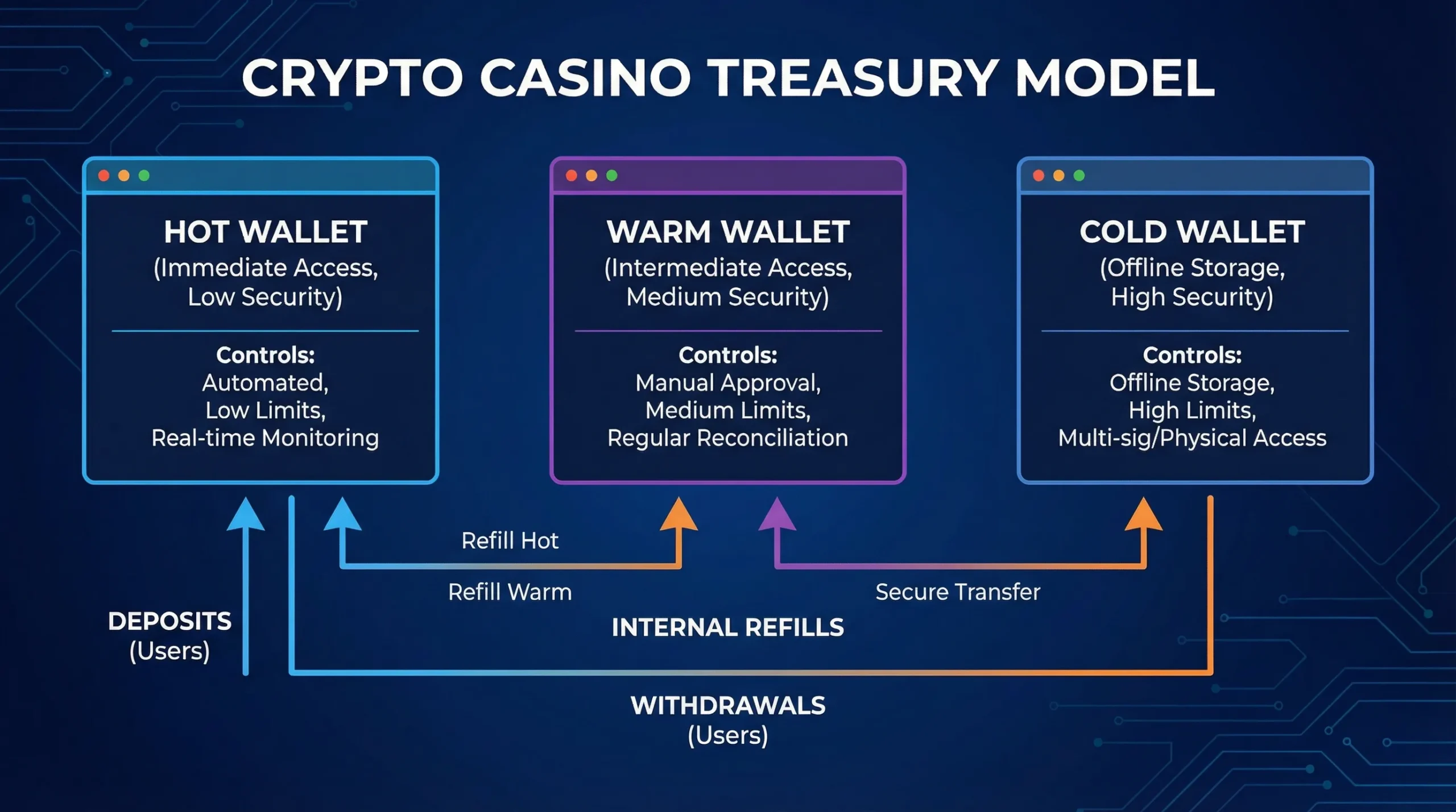 Diagram showing a crypto casino treasury model with hot, warm, and cold wallets, and arrows for deposits, internal refills, and withdrawals. Each tier notes typical controls like limits, approvals, and monitoring.