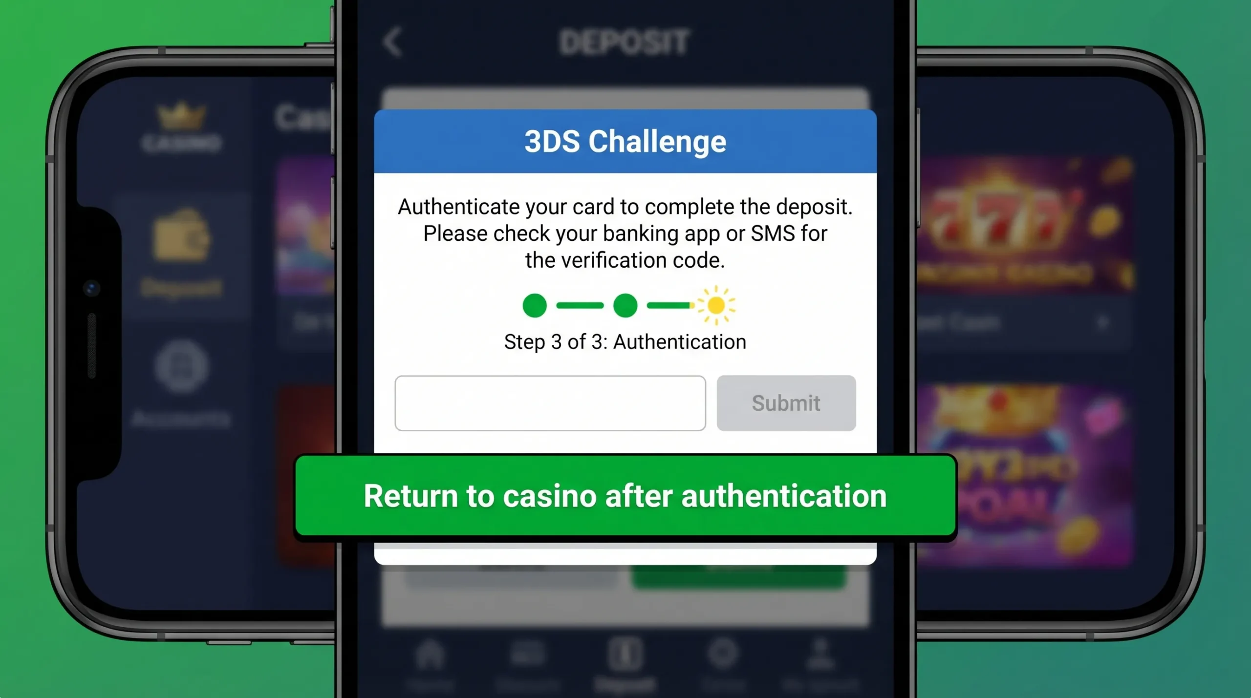 Mobile casino deposit screen illustration showing a 3DS challenge step with clear instructions, a progress indicator, and a visible “Return to casino” confirmation after authentication.