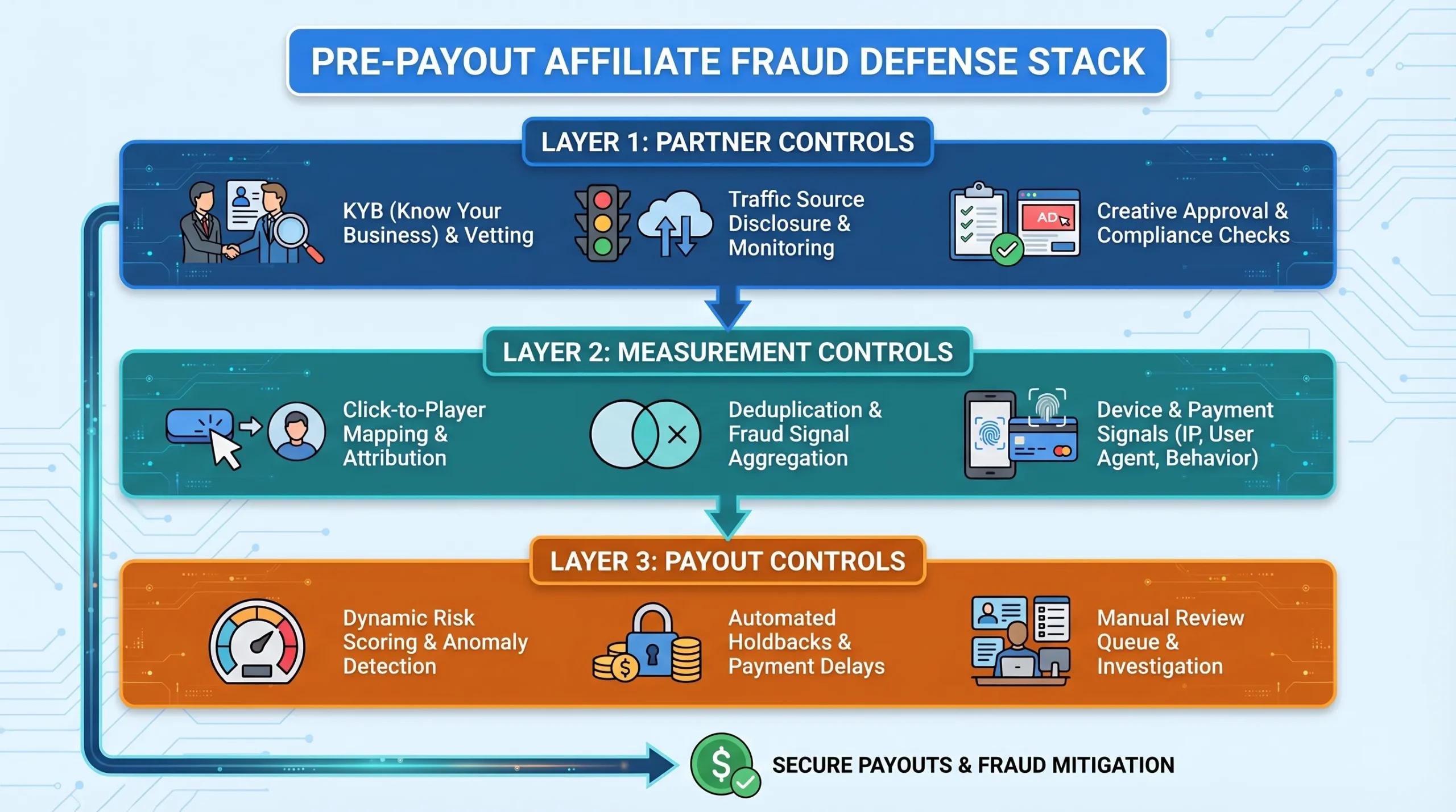 Simple diagram showing a three-layer “Pre-Payout Affiliate Fraud Defense” stack for an online casino: Layer 1 Partner Controls (KYB, traffic disclosure, creative approval), Layer 2 Measurement Controls (click to player mapping, dedupe, device and payment signals), Layer 3 Payout Controls (risk score, holdbacks, manual review queue).
