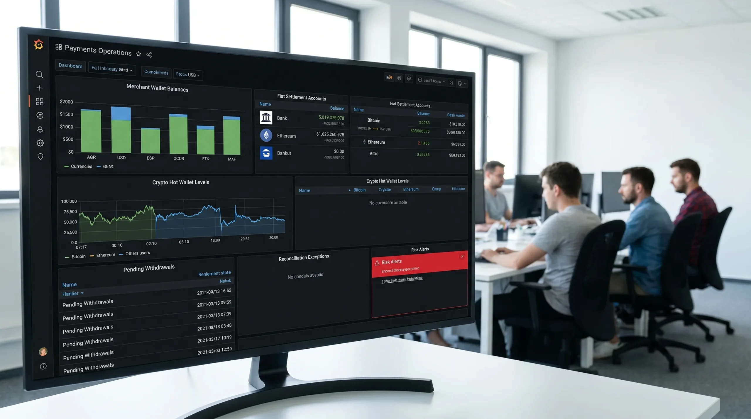 A casino payments operations dashboard showing merchant wallet balances, fiat settlement accounts, crypto hot wallet levels, pending withdrawals, reconciliation exceptions, and risk alerts for an online casino team.
