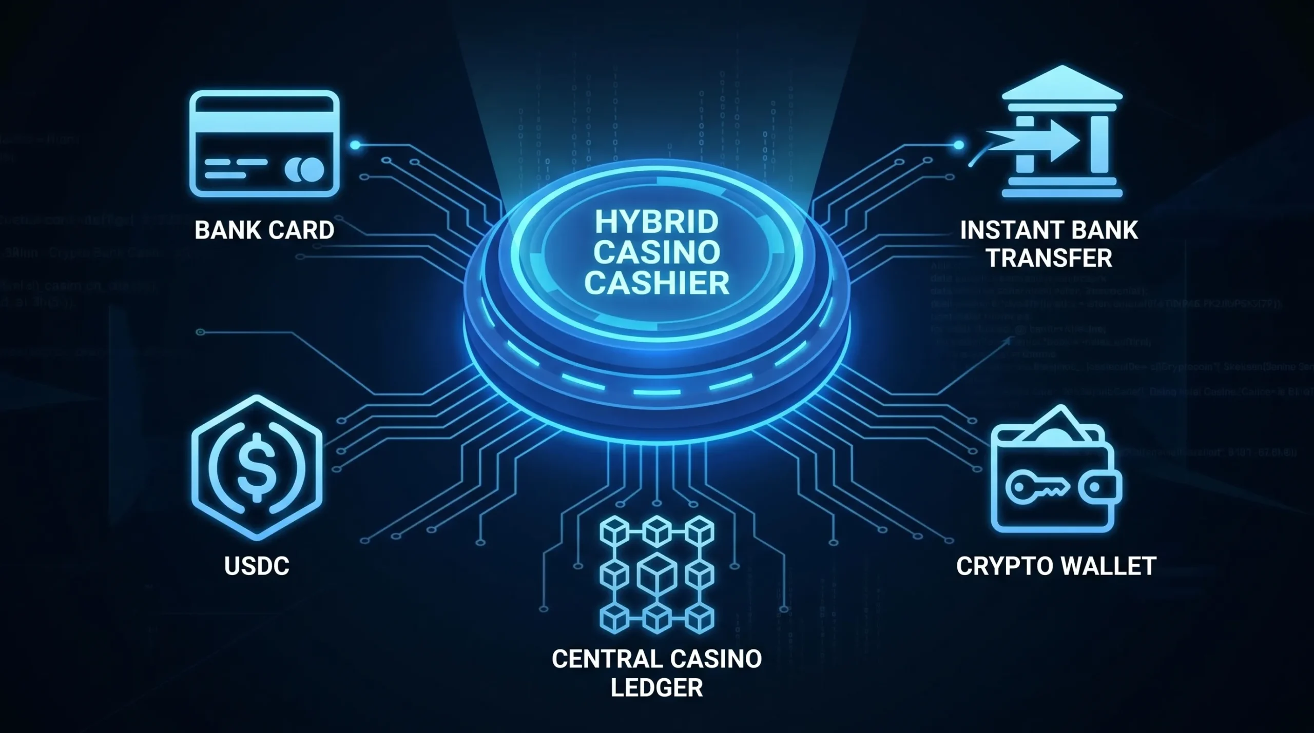 A conceptual illustration of a hybrid casino cashier with bank card, instant bank transfer, stablecoin token, crypto wallet, and central casino ledger connected together.