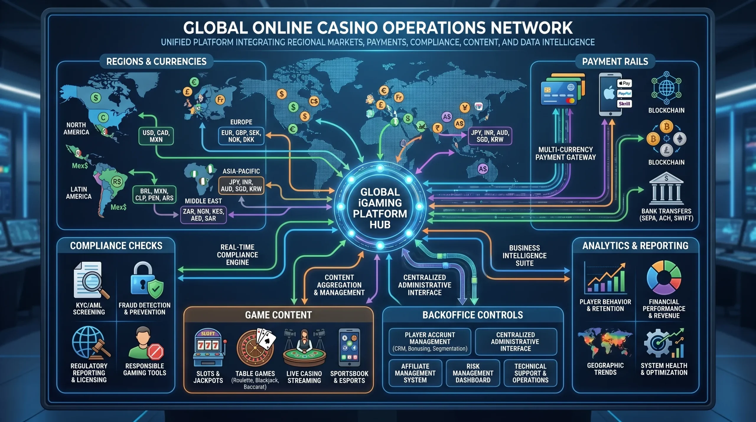 A global online casino operations map showing regions, currencies, payment rails, compliance checks, game content, analytics, and backoffice controls connected to one central iGaming platform.