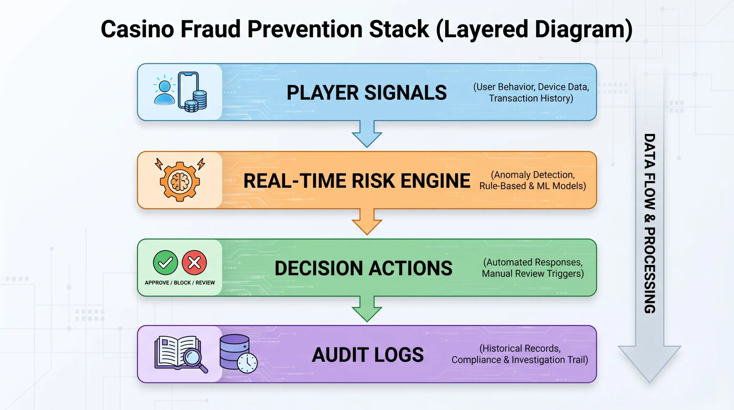 A simple layered diagram of a casino fraud prevention stack with four elements: player signals, real-time risk engine, decision actions, and audit logs.