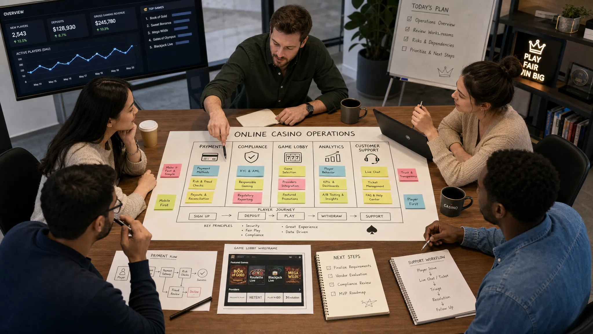 A compact online casino operations workspace showing a small team planning payments, compliance, game lobby, analytics, and customer support workflows on a shared board, viewed from slightly above with the board and notes spread across a conference table.