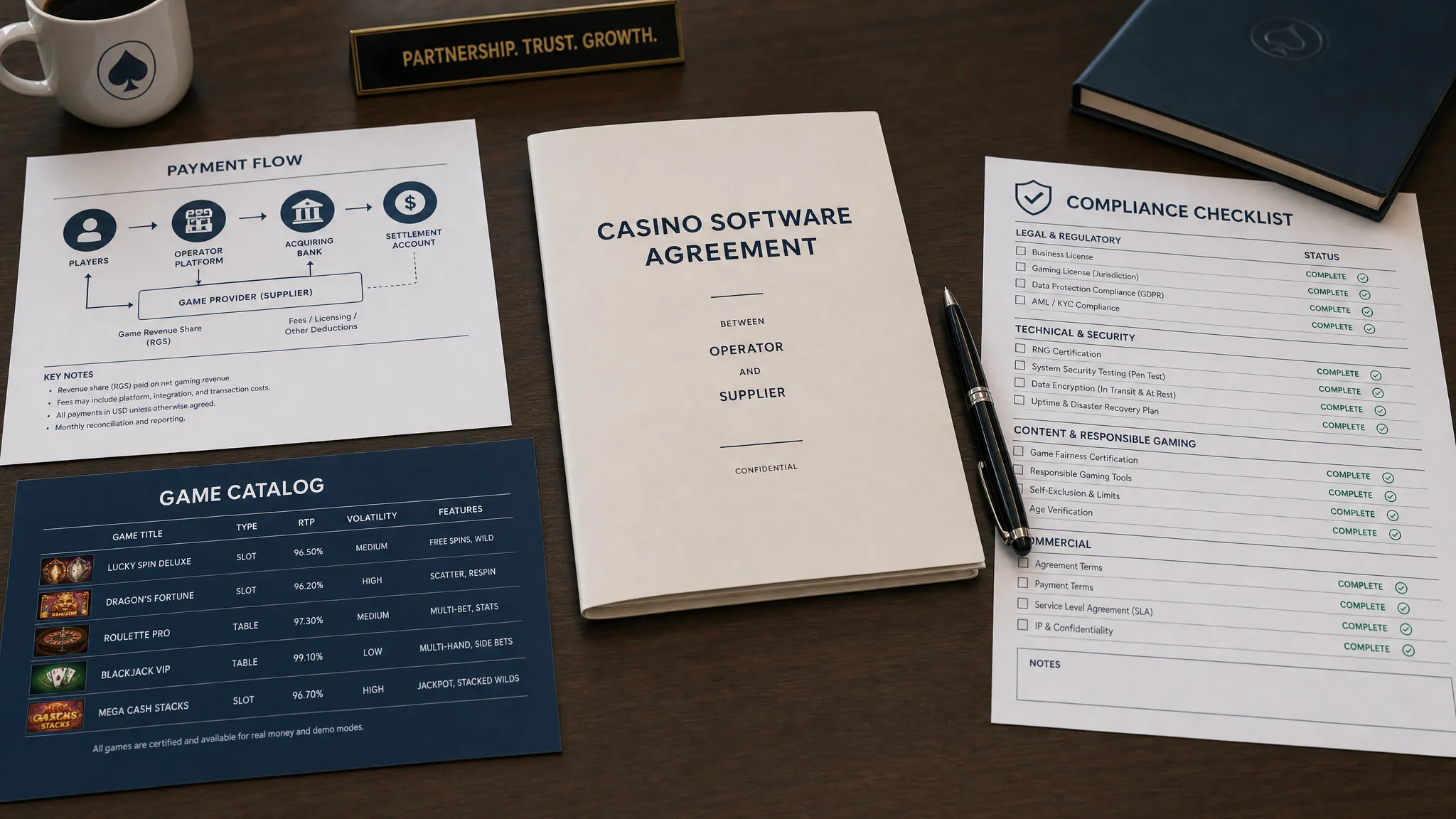 A negotiation table with a casino software agreement, payment flow notes, compliance checklist, and game catalog documents arranged for review before signing, with a folded contract centered between the papers and a pen beside it.